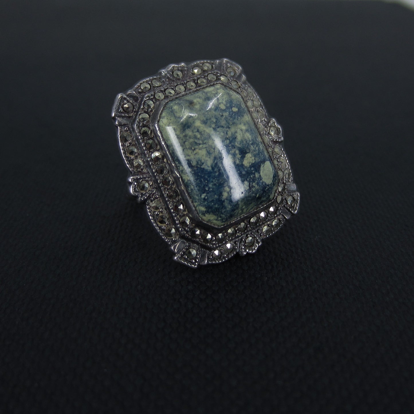 SOLD-Art Deco Blue Jasper and Marcasite Ring Sterling c. 1930