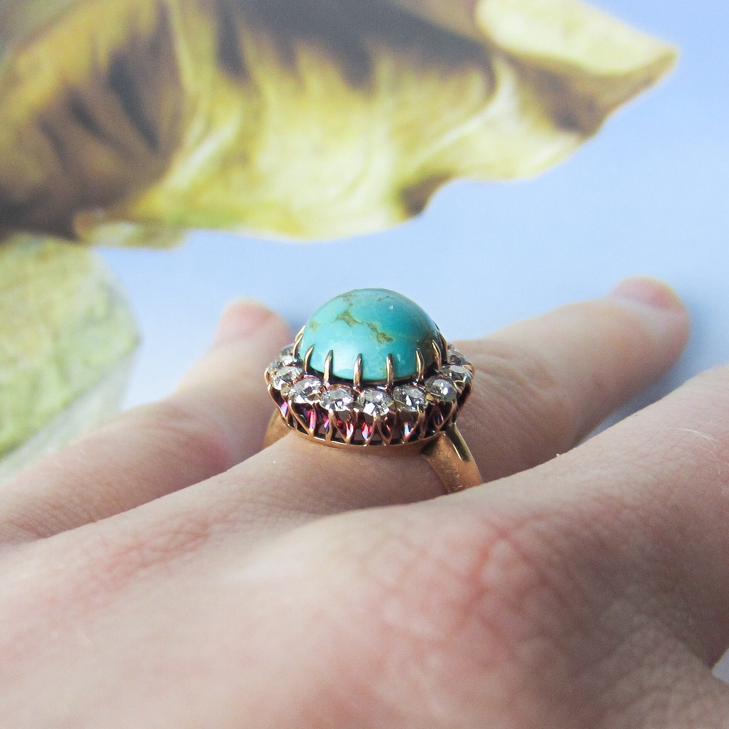 SOLD--Edwardian Turquoise and Diamond Cluster Ring 14k c. 1900