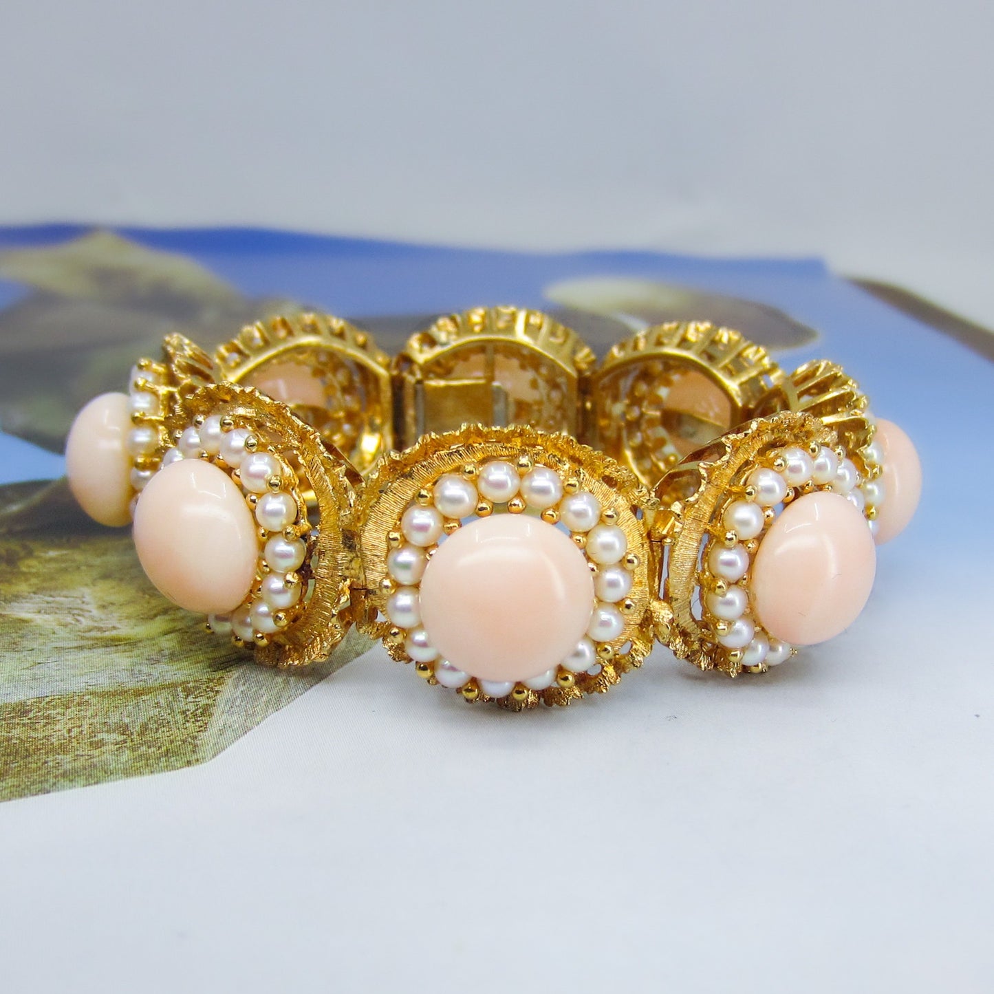 Gorgeous Mid-Century Angel Skin Coral and Pearl Bracelet 18k c. 1960