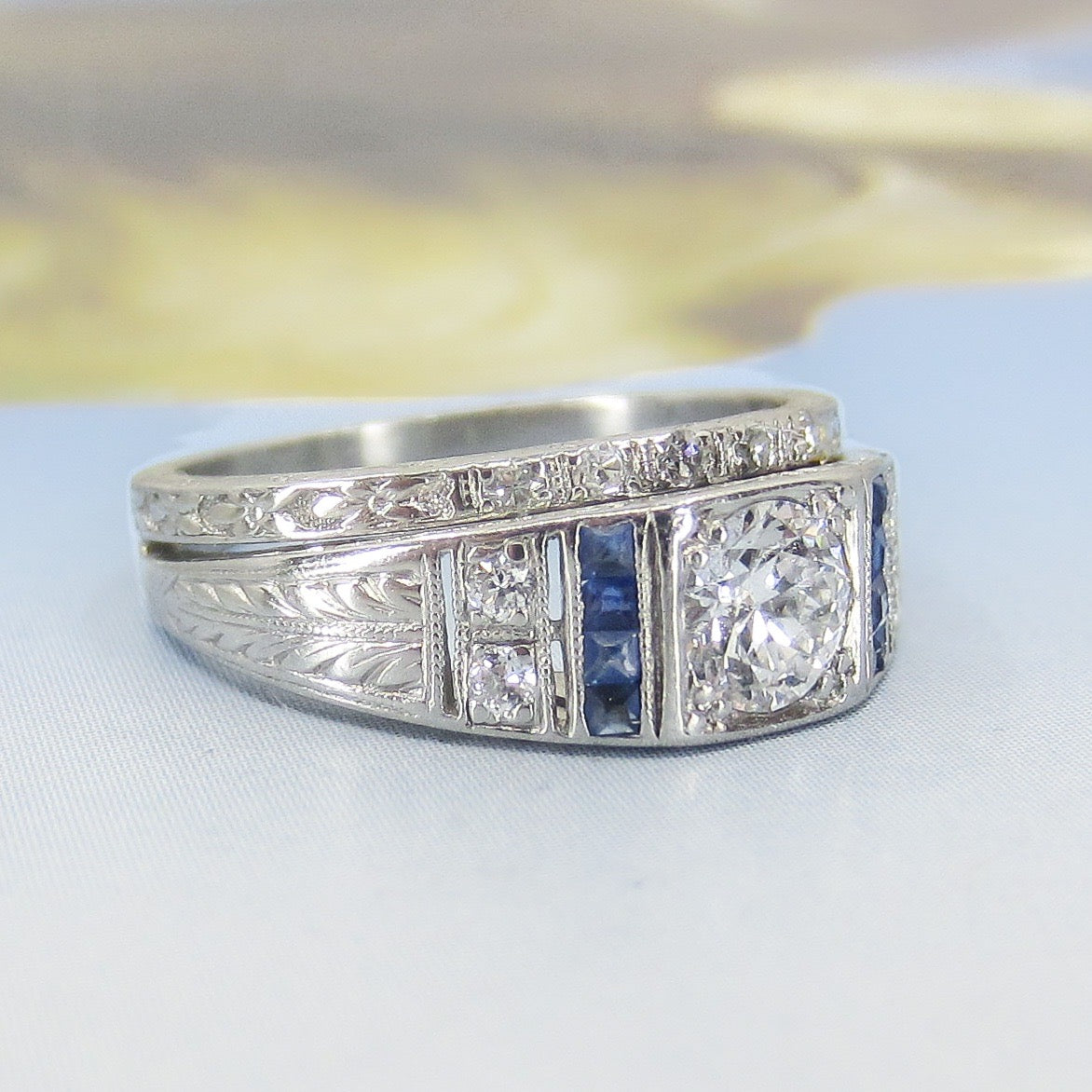 SOLD-Art Deco Old European Diamond .41ct and Sapphire Wedding Set Platinum c. 1927