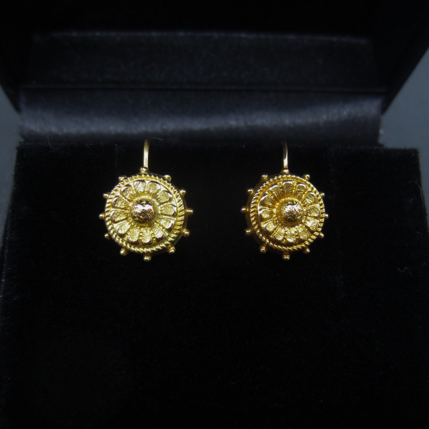 SOLD Victorian Etruscan Revival Small Drop Earrings 15k c. 1880