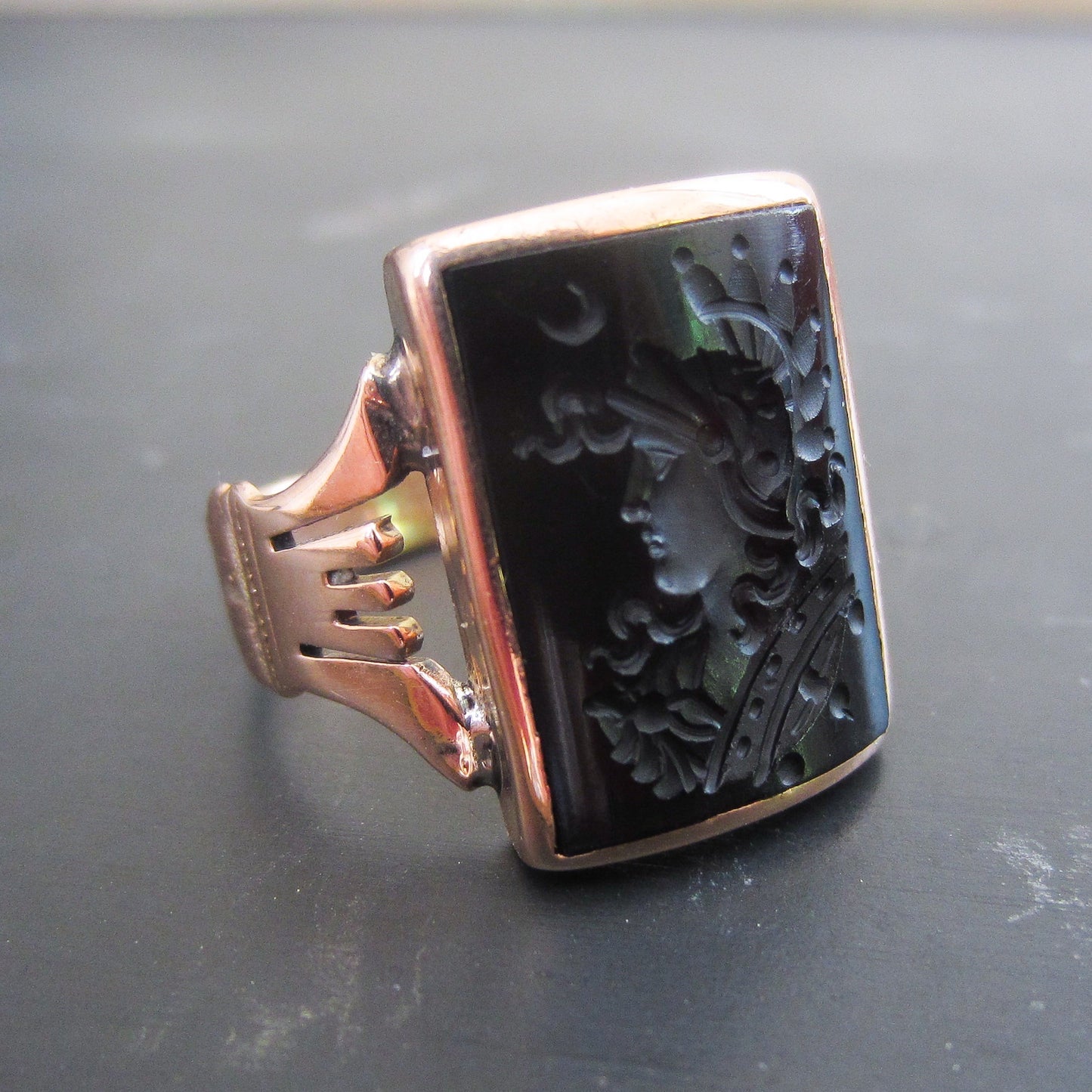 SOLD--Victorian Onyx Warrior Intaglio Ring 14k c. 1890