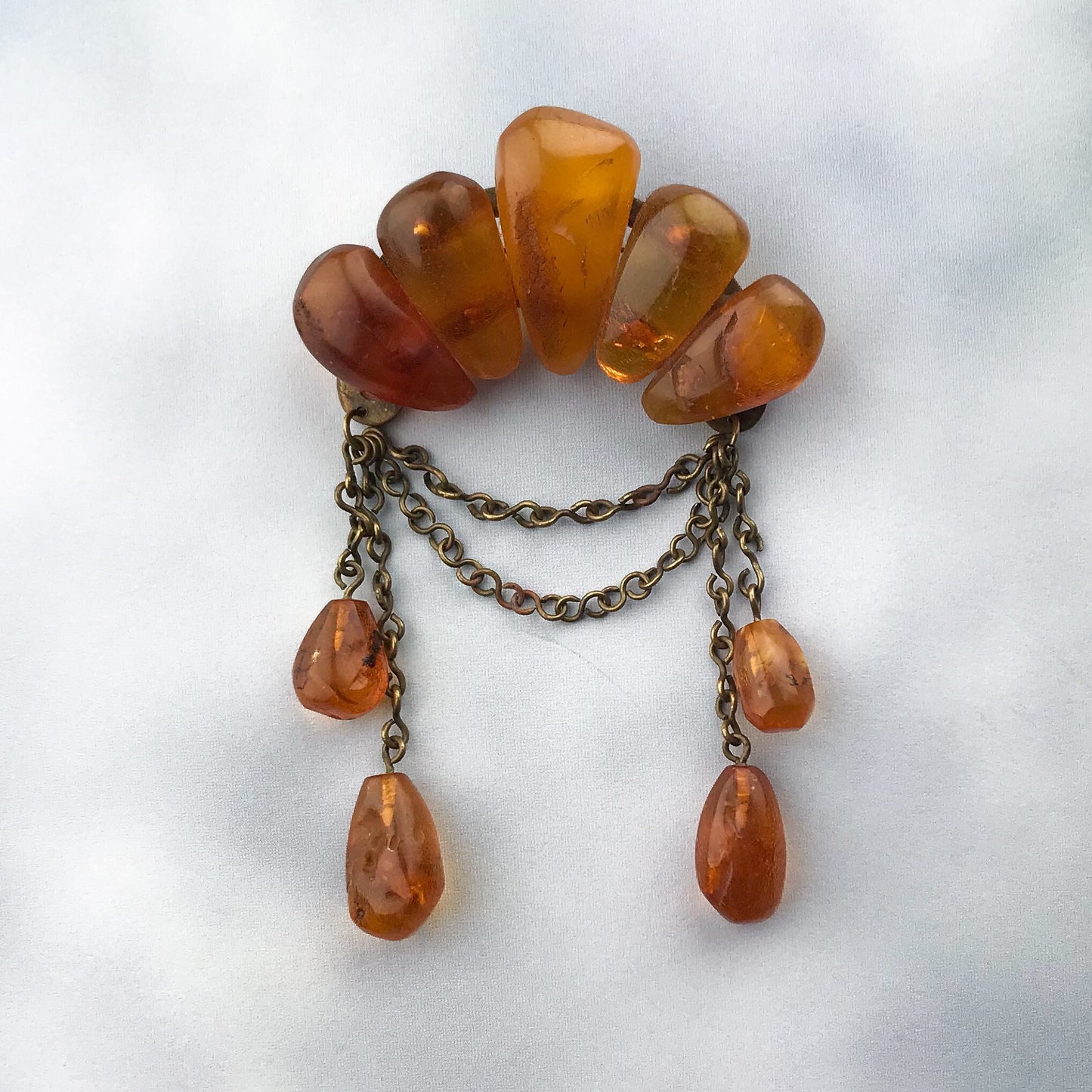 SOLD--Art Deco Amber Drop Brooch Brass c. 1930