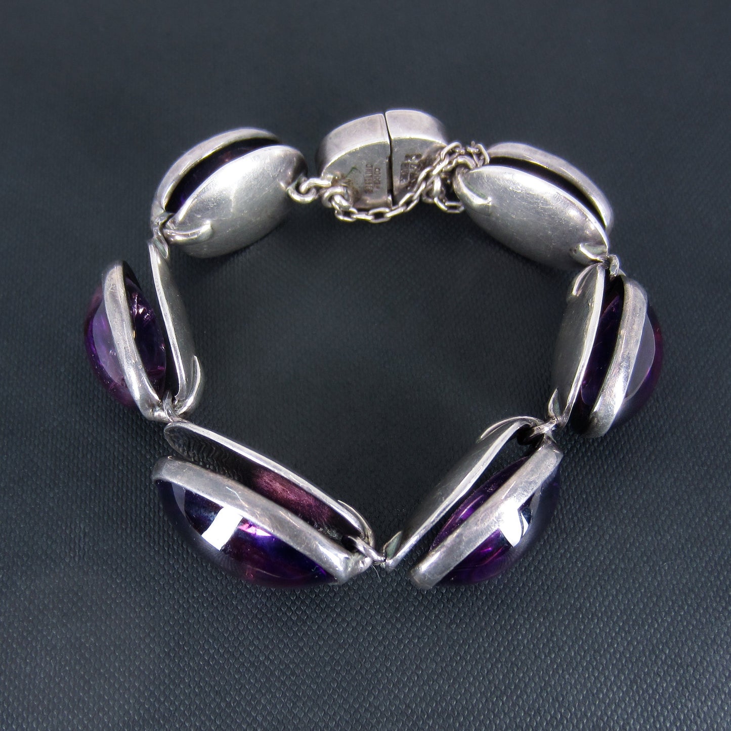 SOLD--Antonio Pineda Mid-Century Amethyst Cabochon Bracelet Sterling Silver c. 1960