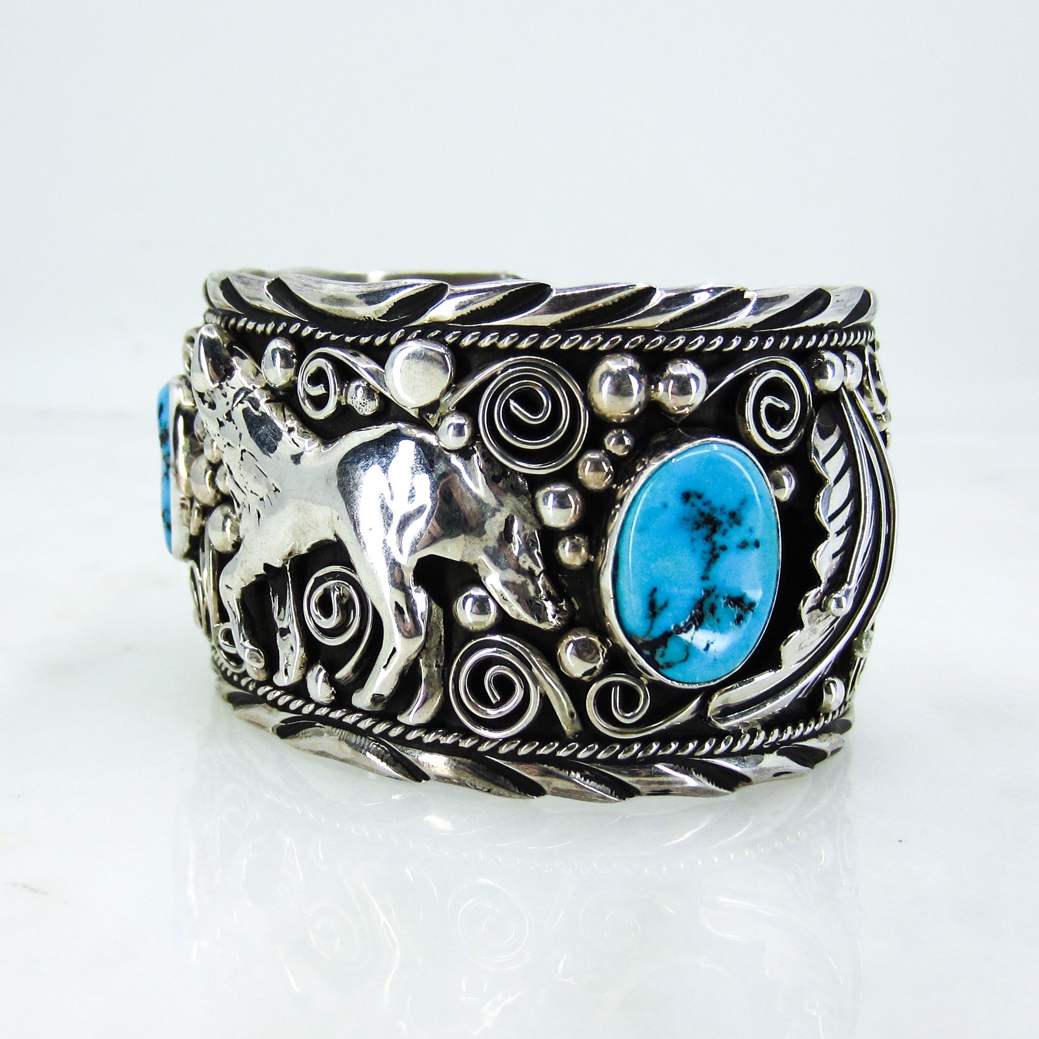 Vintage Navajo Turquoise Wolf Cuff Sterling, Lee Thompson c. 1970