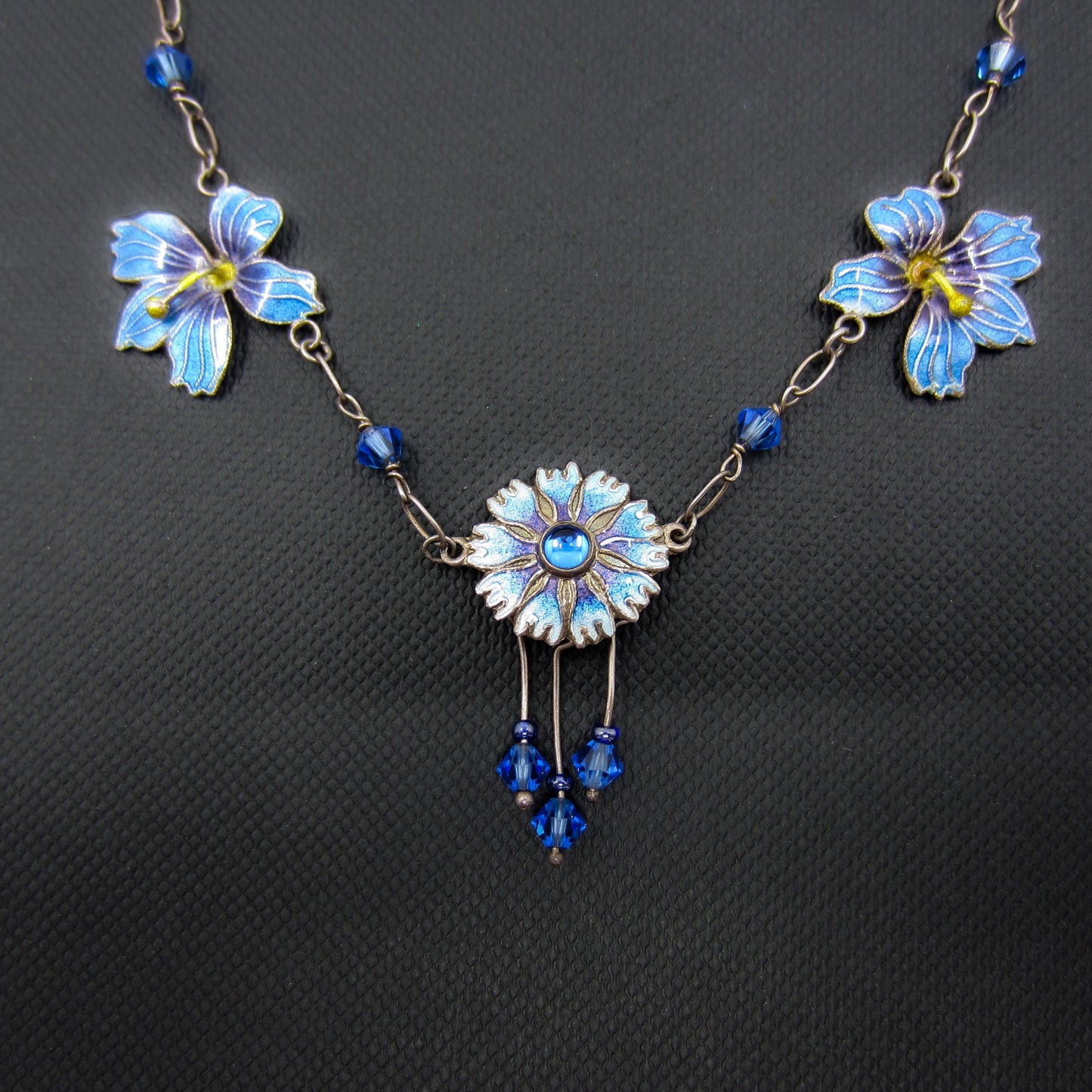 SOLD--Vintage Blue Enamel Flower Necklace Sterling, Scandinavian c. 1970
