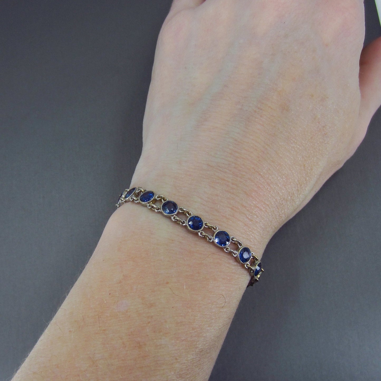 SOLD--Edwardian Bezel Set Sapphire Line Bracelet 14k c. 1910