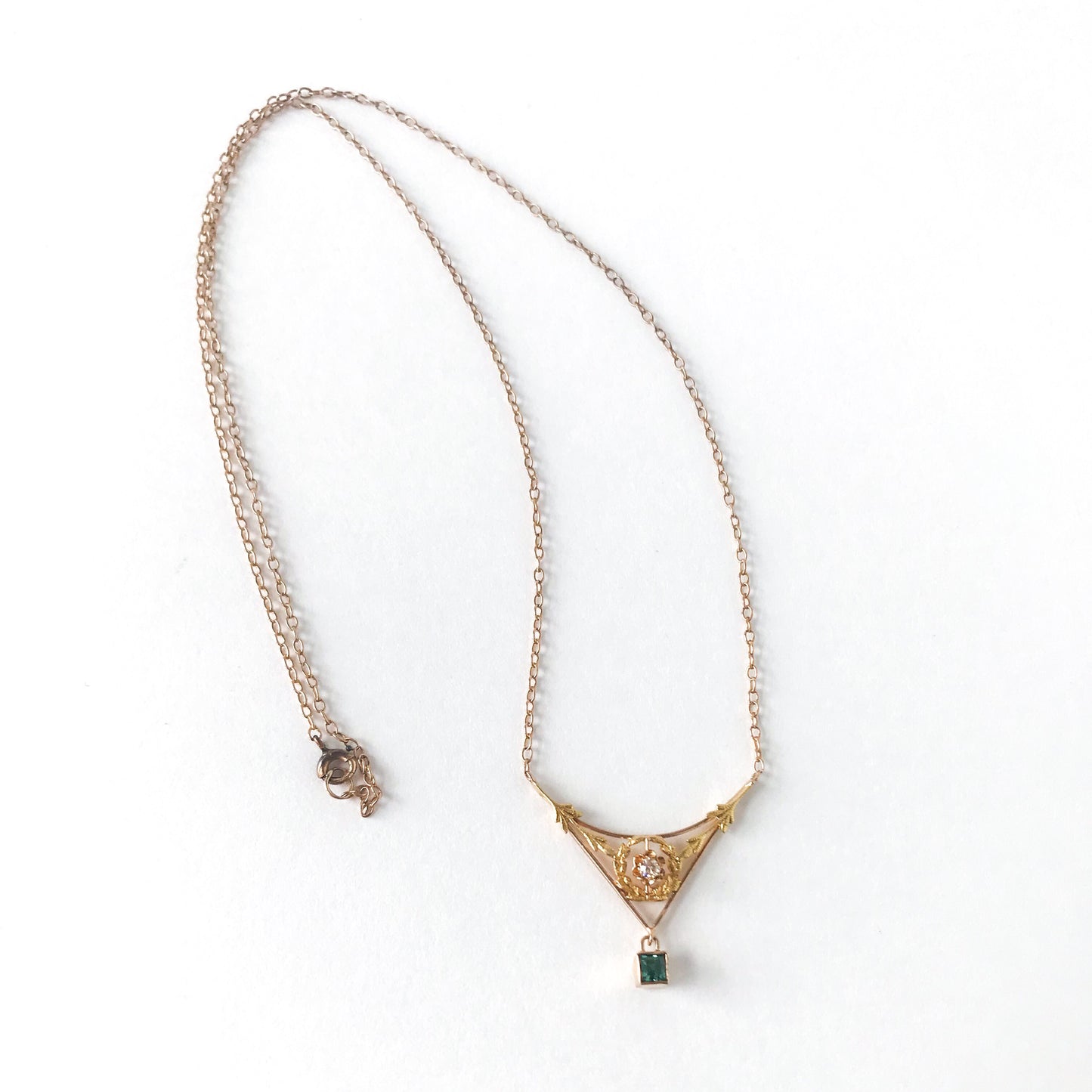 SOLD--Edwardian Old Mine Diamond and Tourmaline Necklace 14k c. 1910