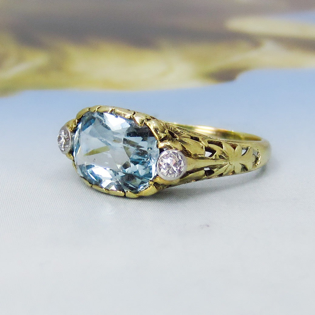 SOLD--Arts & Crafts Aquamarine and Diamond Flower Ring 14k c. 1920