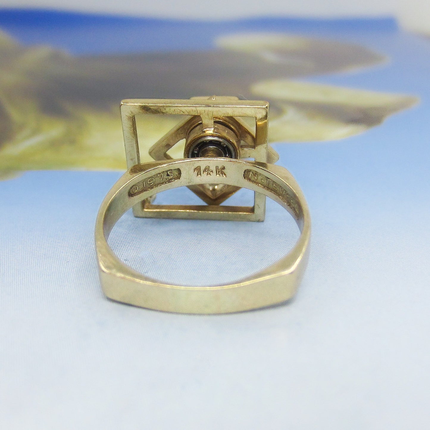 SOLD--Modernist Diamond Spinner Ring 14k by Teufel, 1975 size 6.75