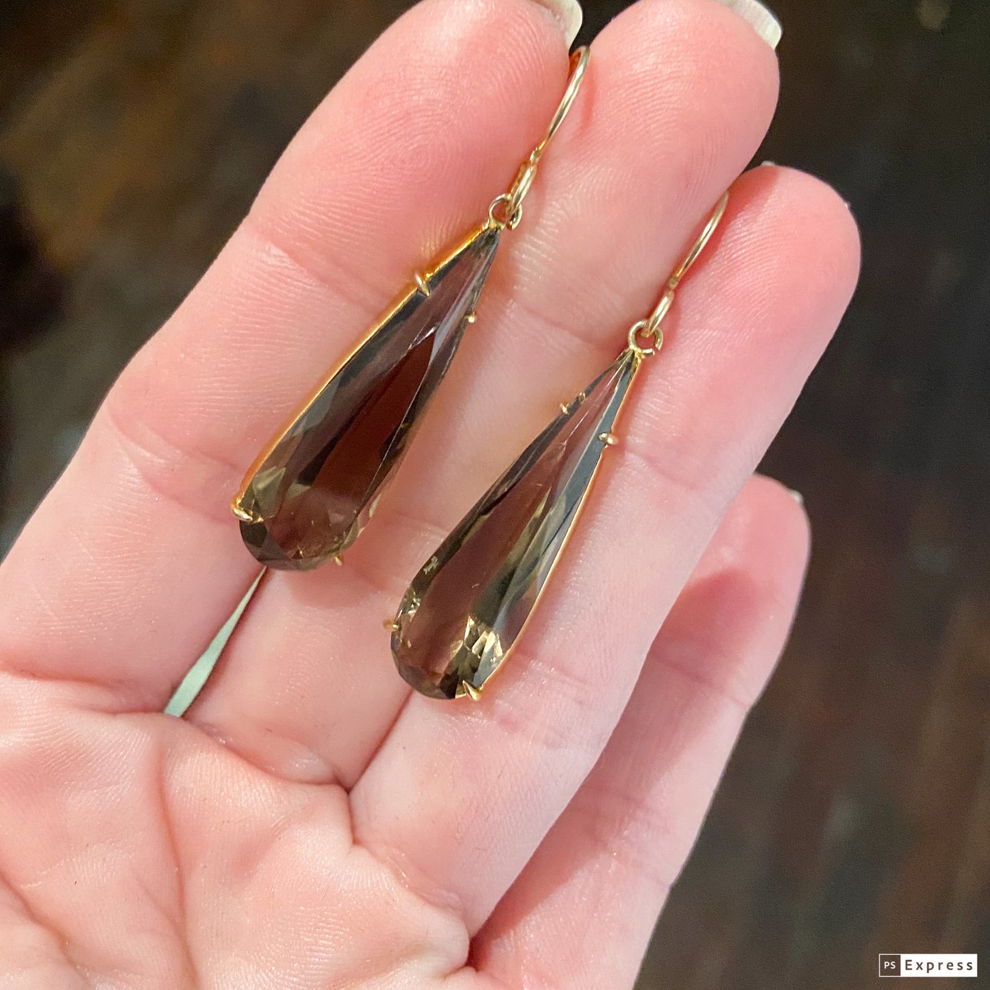 SOLD--Vintage Pear Cut Smoky Quartz Drop Earrings Gold-Fill c. 1970