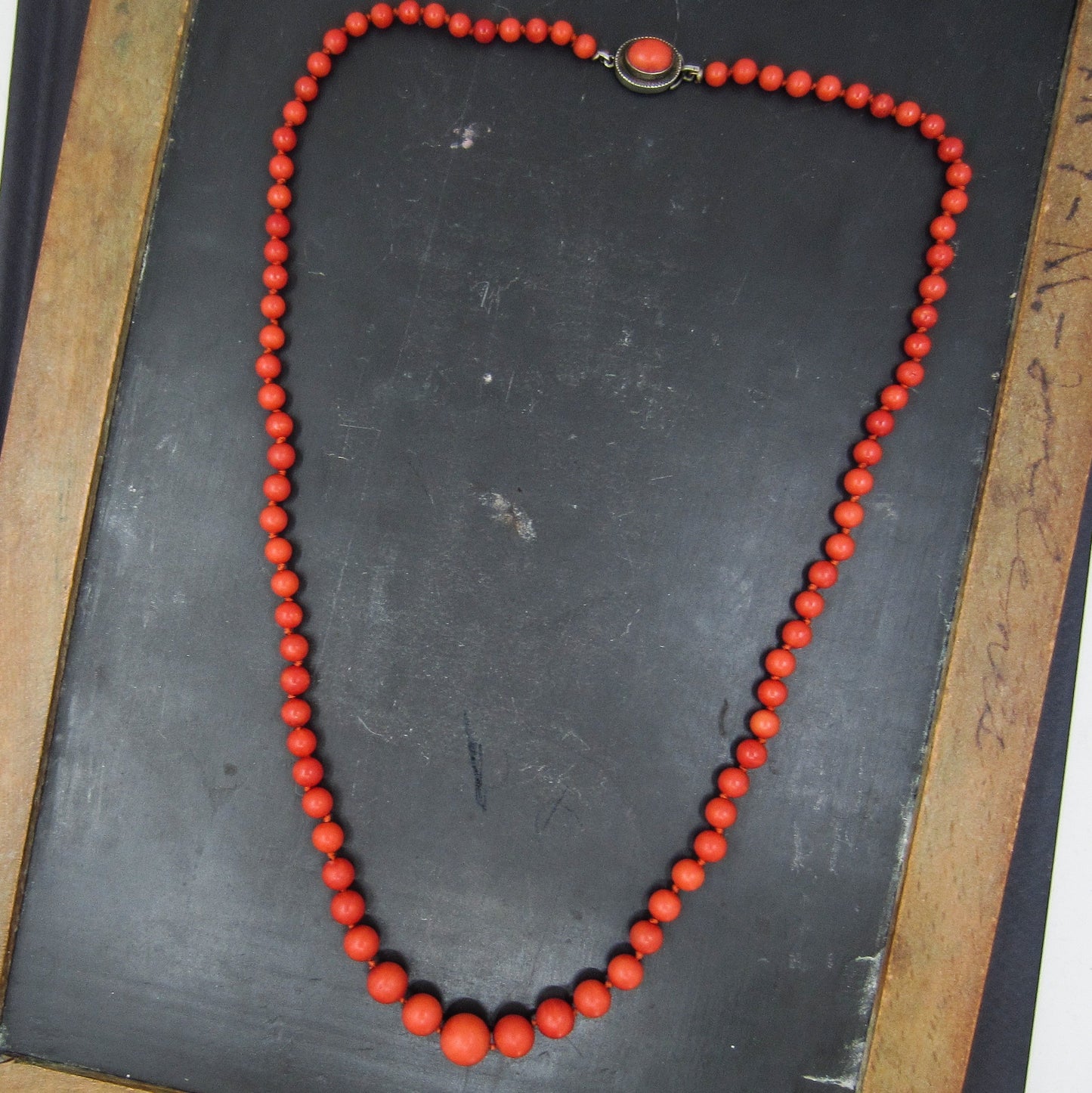 SOLD-Art Deco Italian Graduated Coral Bead Necklace 800 Silver c. 1920