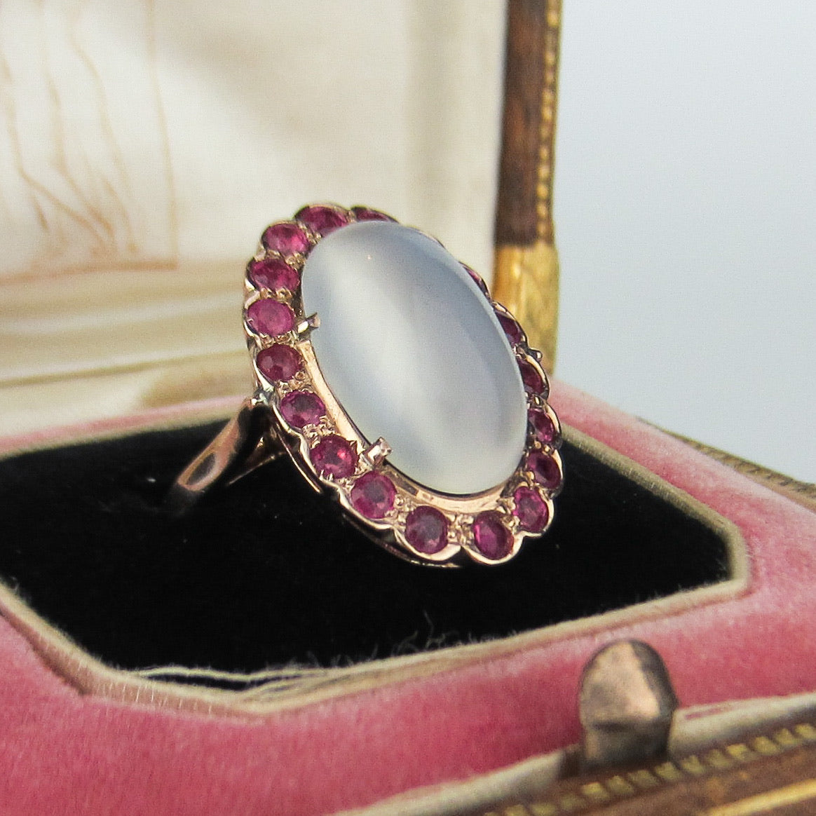 SOLD—Retro Moonstone and Ruby Ring 14k c. 1940