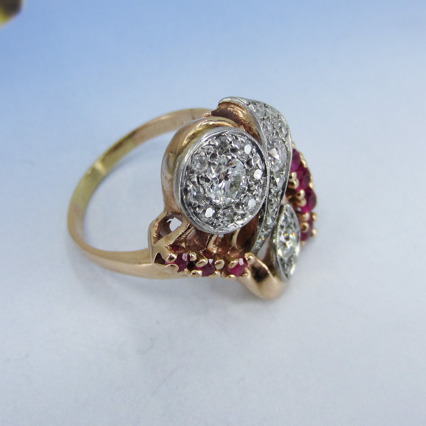 SOLD—Vintage Retro Old Hollywood Diamond and Ruby Ring 14k c. 1940