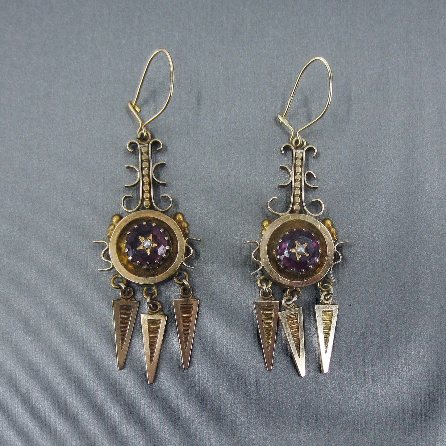 SOLD-Victorian Etruscan Revival Amethyst and Pearl Earrings 12k c. 1880