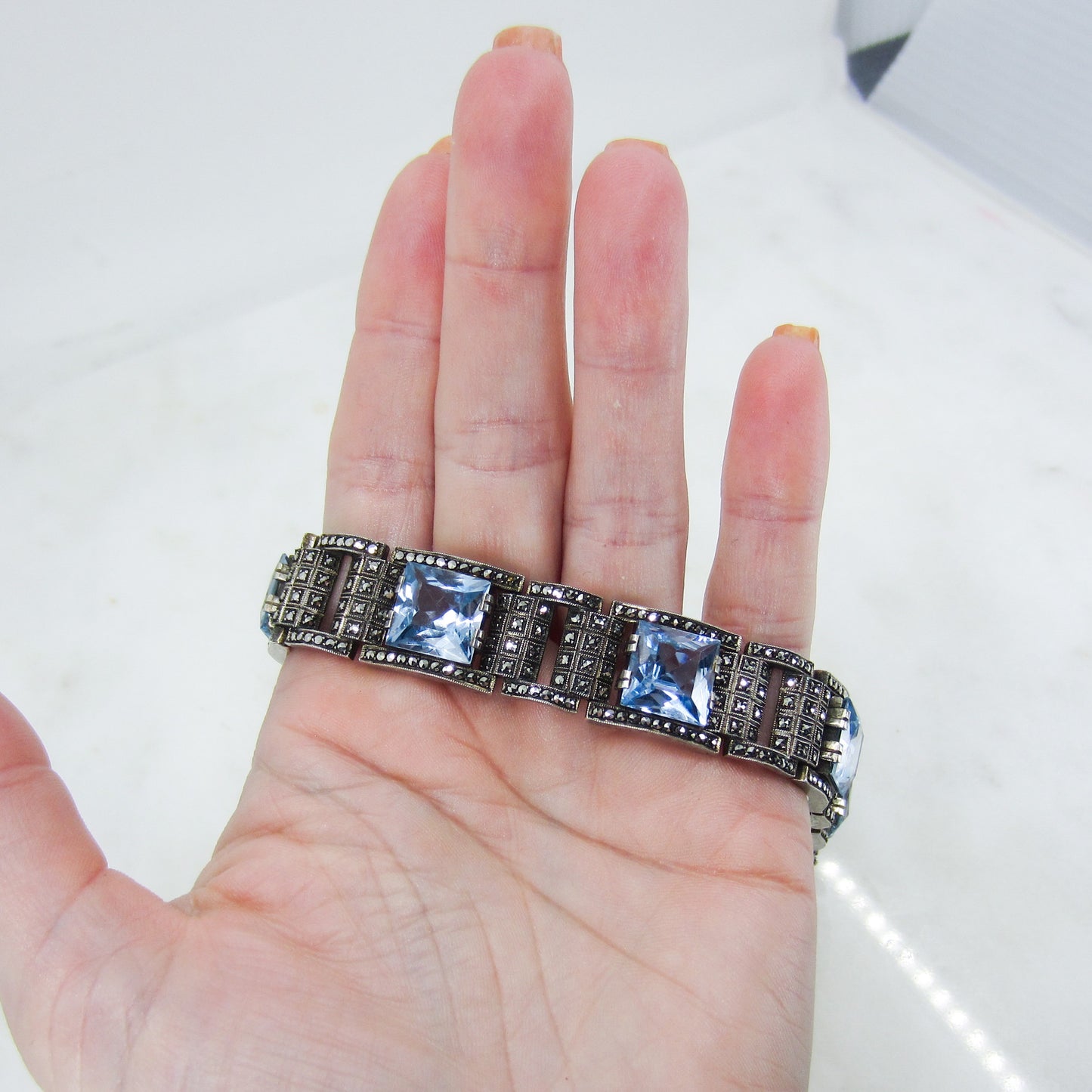 SOLD-Art Deco Theodor Fahrner Syn Blue Spinel and Marcasite Bracelet Sterling Silver, Germany c. 1940