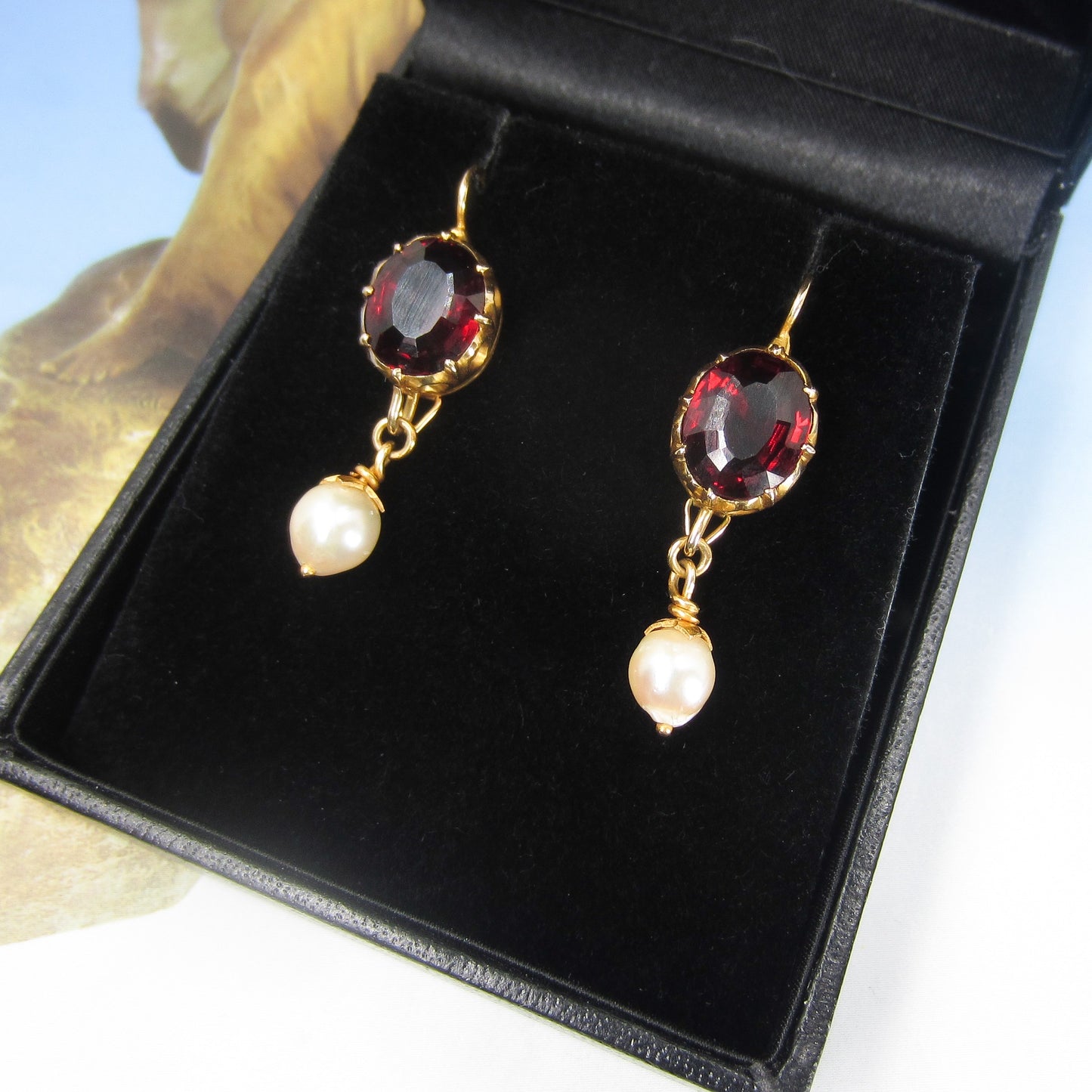 SOLD-Mid-Century Garnet and Pearl Drop Earrings 14k c. 1960