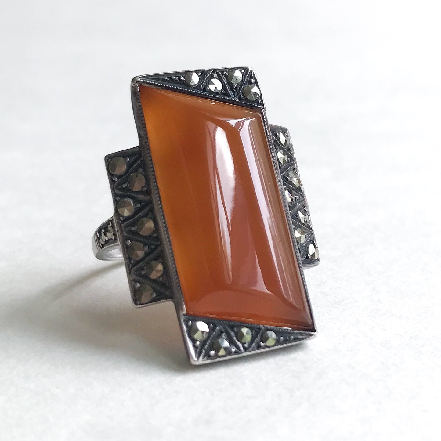 Art Deco Long Carnelian and Marcasite Ring Sterling c. 1930