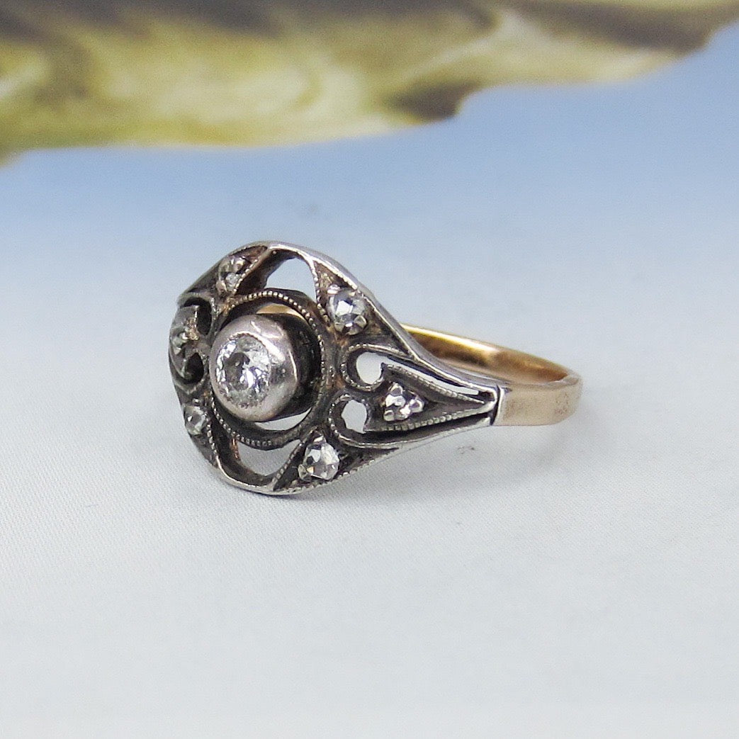 SOLD--Edwardian Diamond Openwork Ring Silver/14k, Austria c. 1910