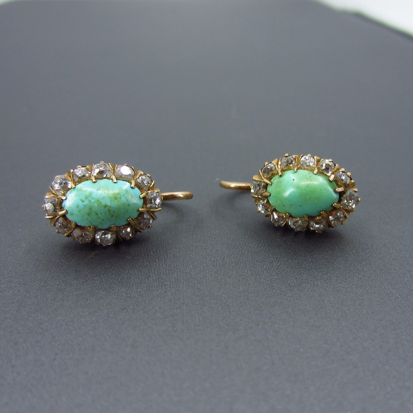 SOLD—Victorian Turquoise and Old Mine Diamond Earrings 14k c. 1880