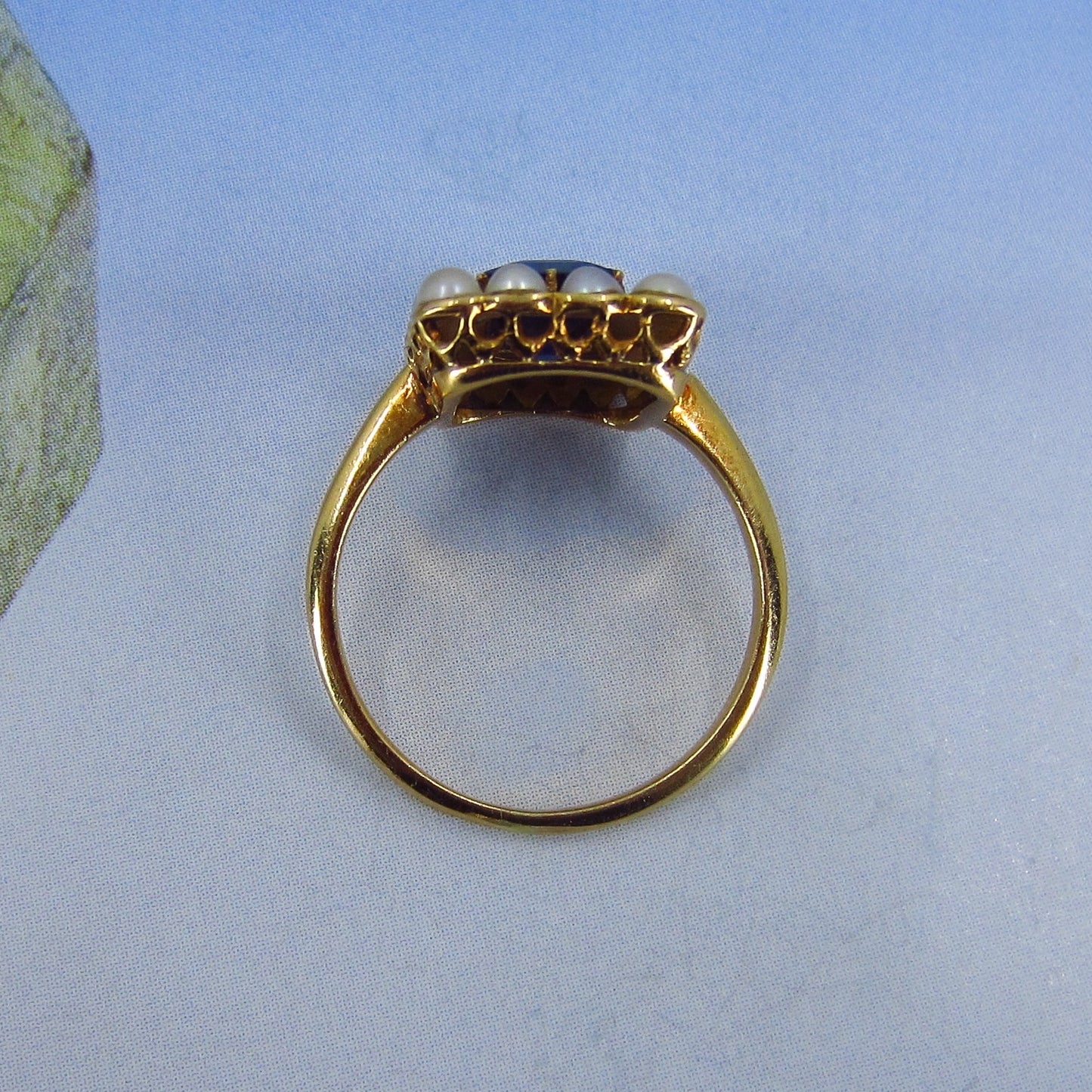 SOLD--Vintage Sapphire and Pearl Ring 18k c. 1960