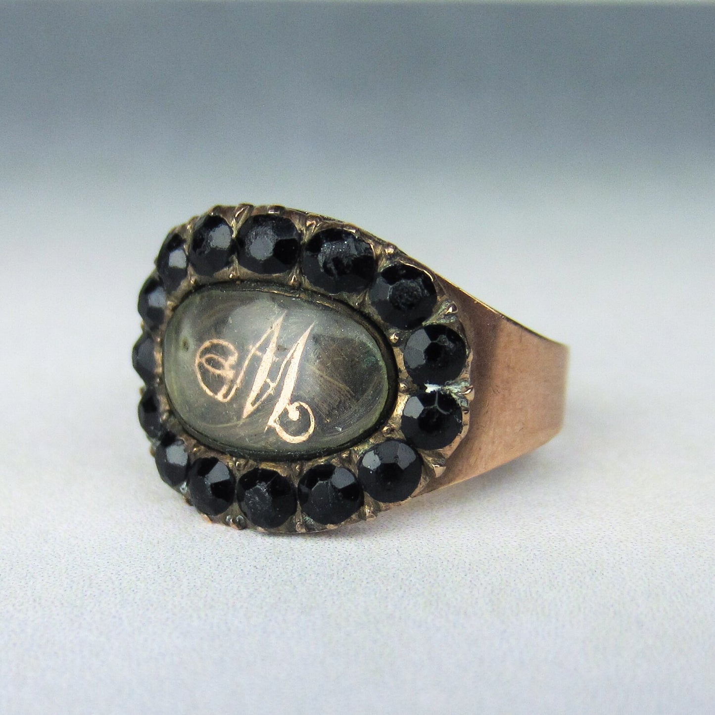 SOLD--Georgian Jet "M" Mourning Ring 12k c. 1808