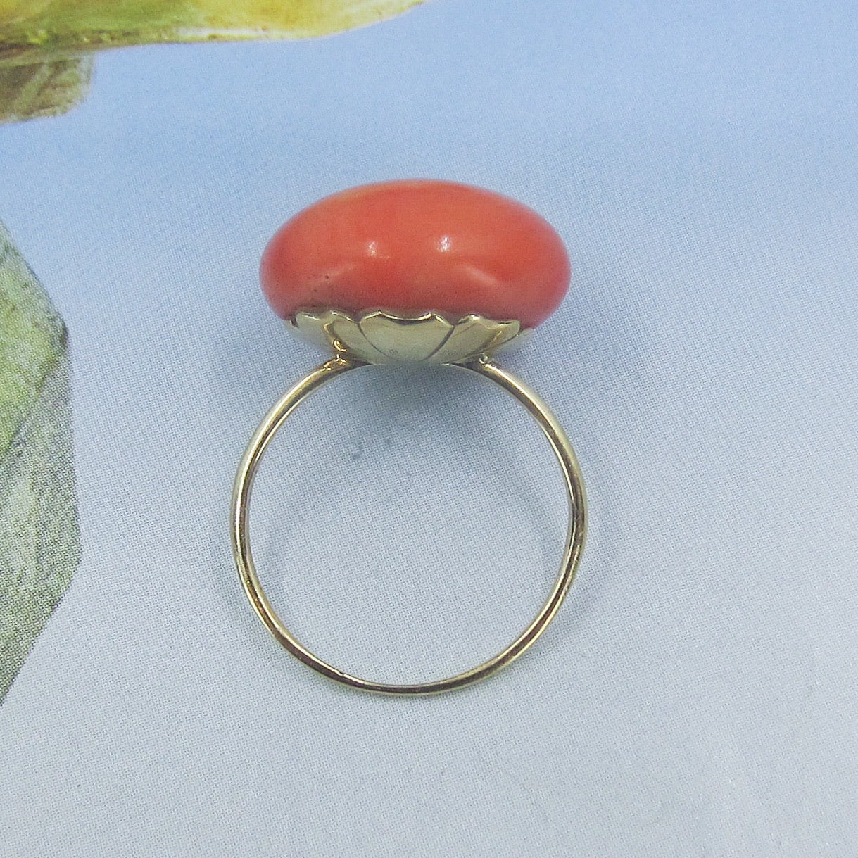 SOLD- Victorian Large Coral Cabochon Ring 14k c. 1890