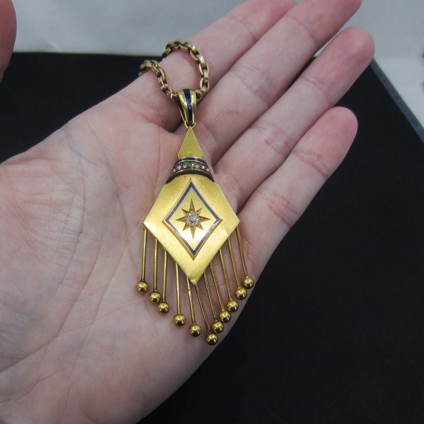 SOLD--Victorian Large Enamel and Diamond Fringe Pendant 15k c. 1860