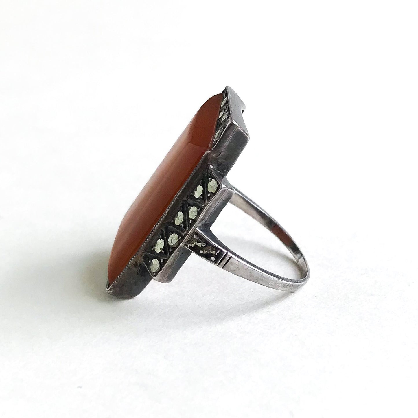 Art Deco Long Carnelian and Marcasite Ring Sterling c. 1930