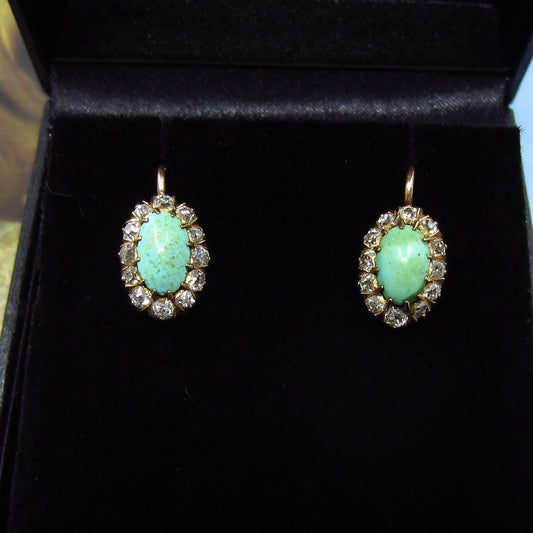 SOLD—Victorian Turquoise and Old Mine Diamond Earrings 14k c. 1880
