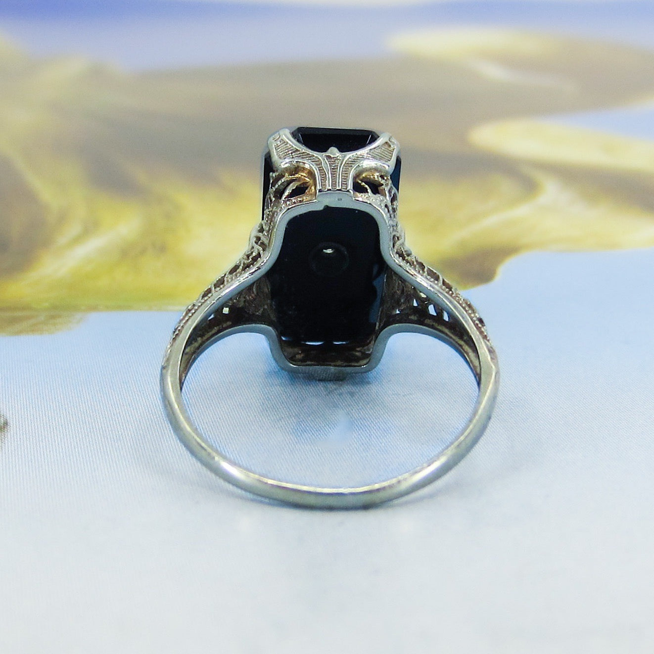 SOLD--Art Deco Onyx and Diamond Filigree Ring 14k c. 1930