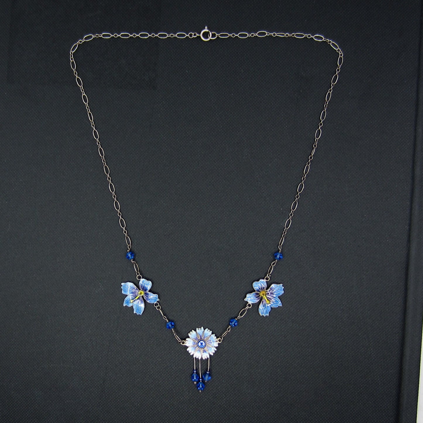 SOLD--Vintage Blue Enamel Flower Necklace Sterling, Scandinavian c. 1970