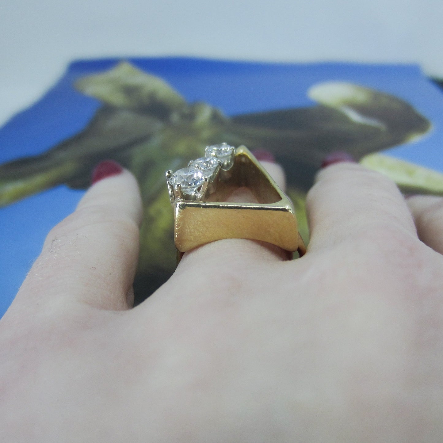 SOLD--MidCentury Modernist Giant Diamond Triangle Ring 14k c. 1970