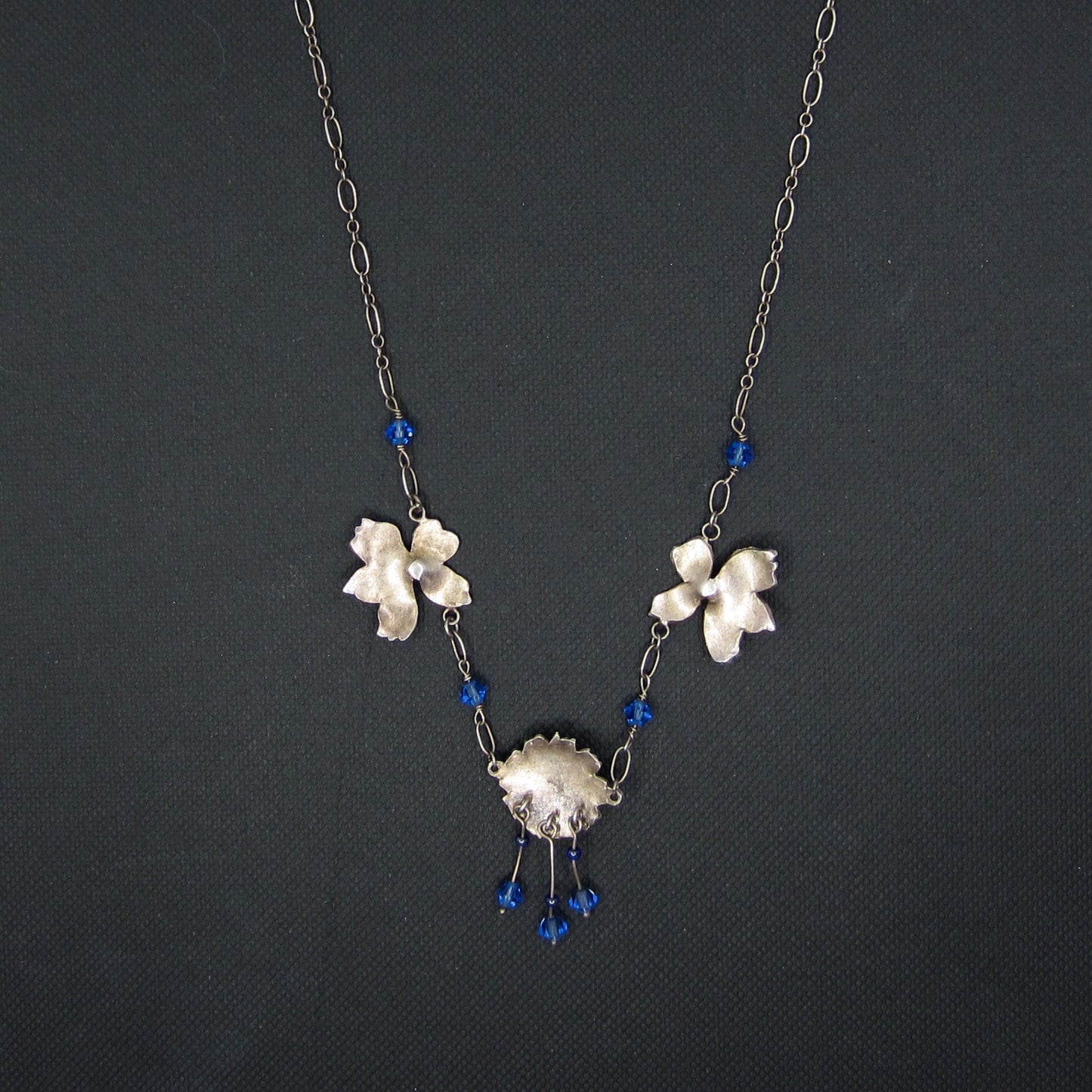 SOLD--Vintage Blue Enamel Flower Necklace Sterling, Scandinavian c. 1970