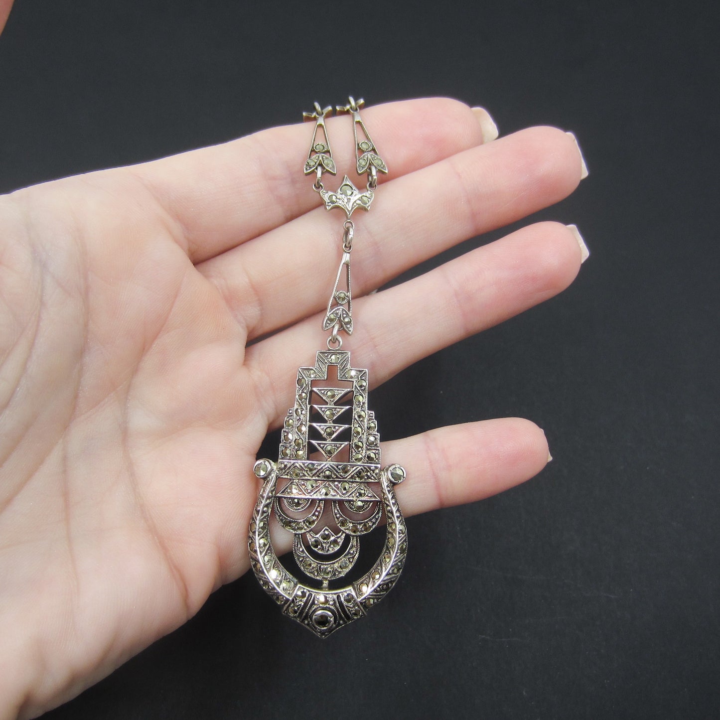 SOLD--Art Deco Marcasite Drop Necklace Sterling Silver c. 1930