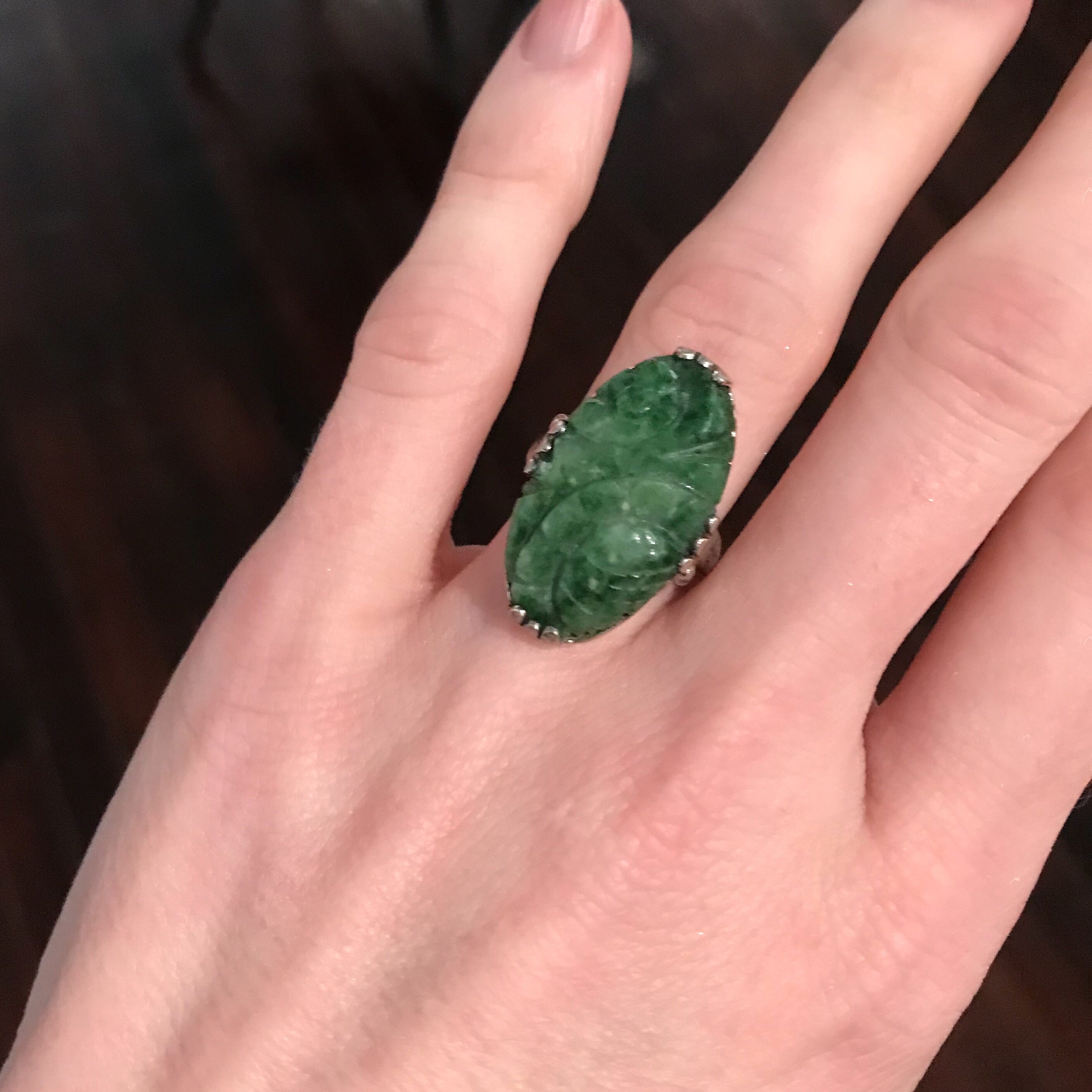 Art Deco Engraved Sterling Carved Jade Ring, sz online 4.25