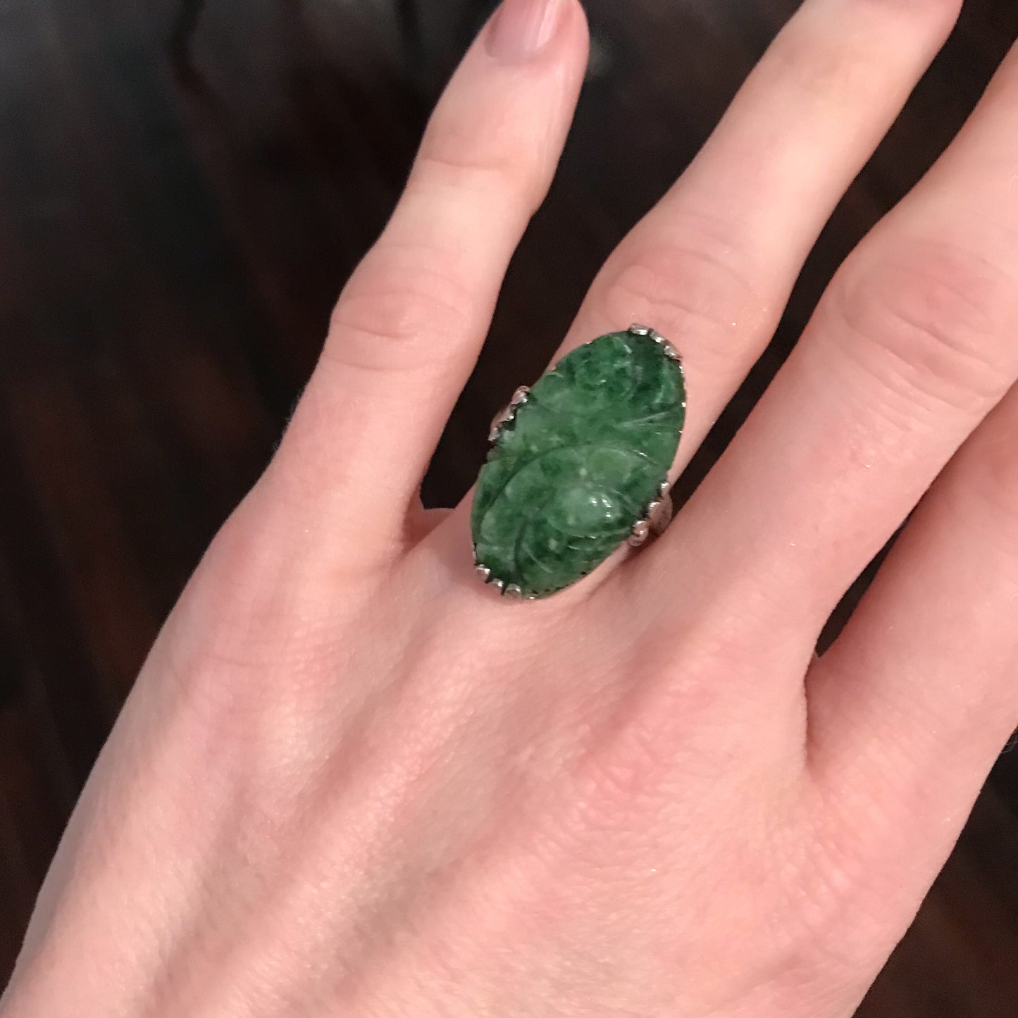 SOLD--Art Deco Carved Jade Ring Sterling c. 1930