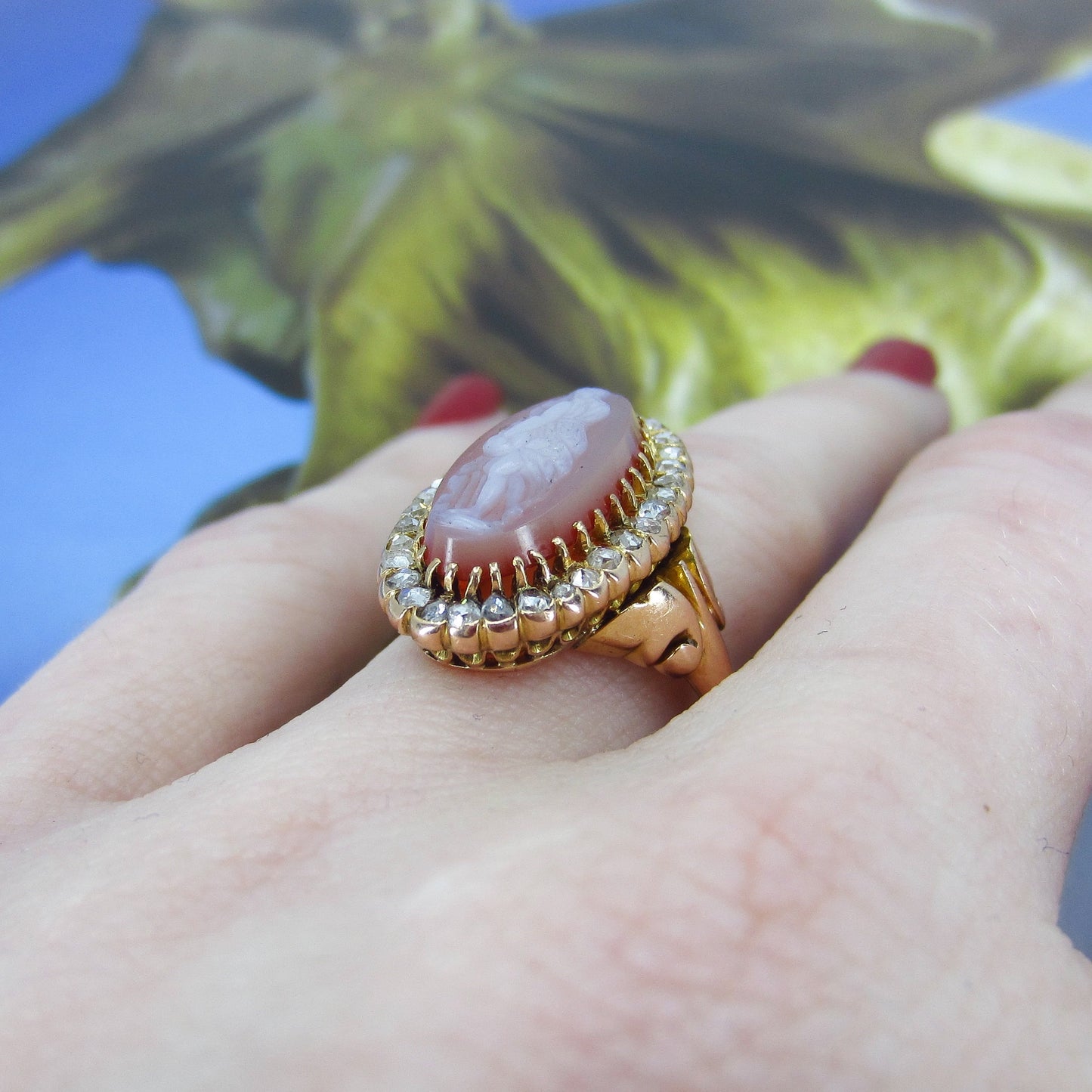 Victorian Hardstone Cameo and Rose Cut Diamond Ring 14k c. 1870