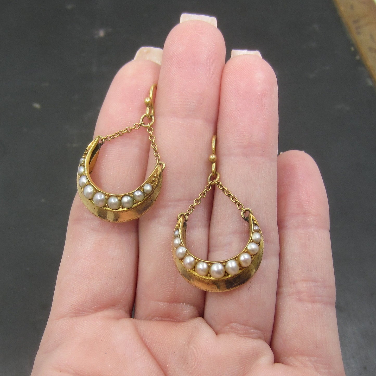 SOLD--Victorian Pearl Crescent Earrings 14k c. 1880