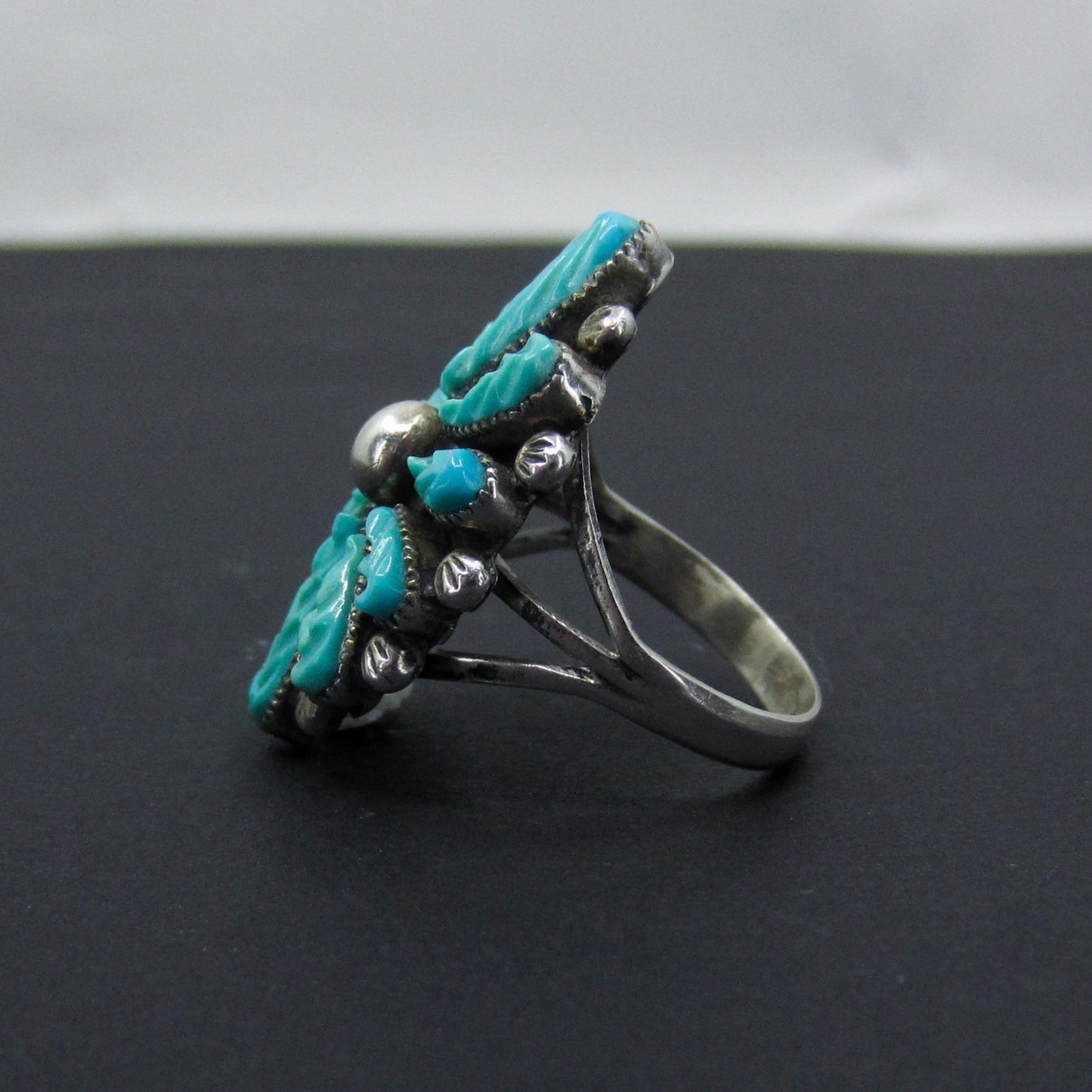 SOLD--Vintage Zuni Carved Turquoise Petit Point Ring Sterling c. 1970