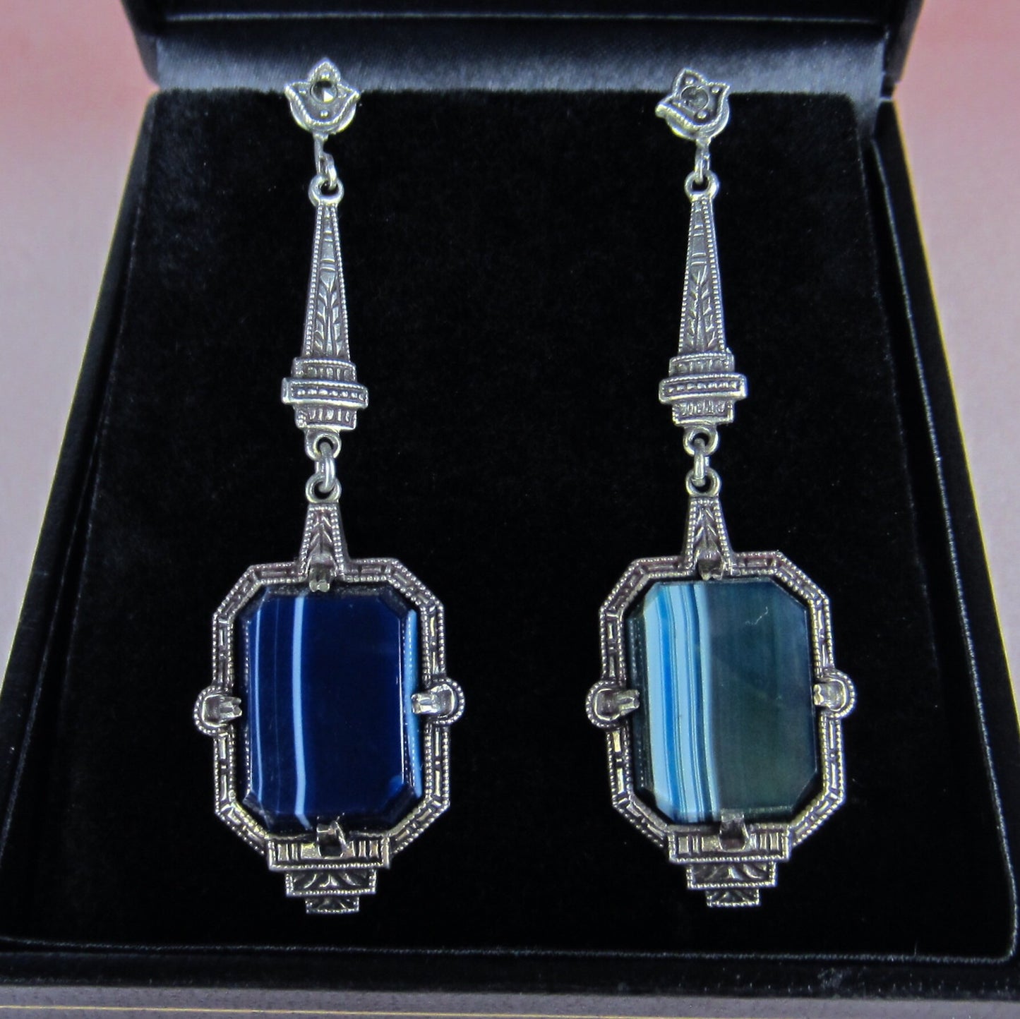 SOLD--Art Deco Banded Agate and Marcasite Earrings Sterling c. 1930