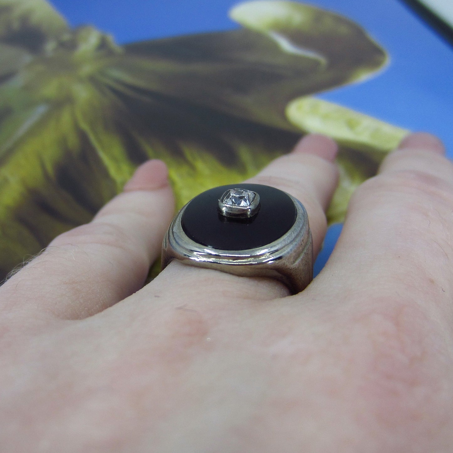SOLD—Art Deco Old Mine Diamond and Onyx Signet Ring 10kc. 1920