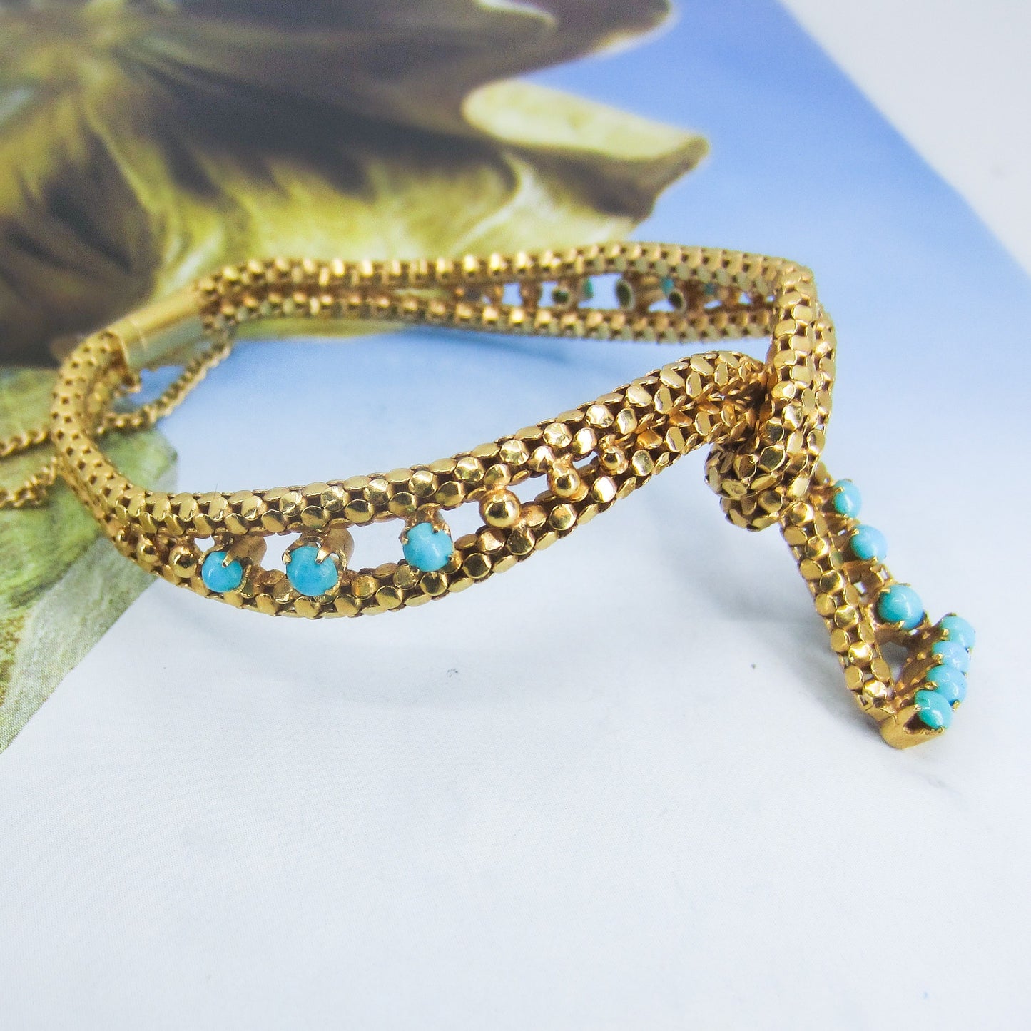 Retro Turquoise Mesh Bracelet 18k c. 1940