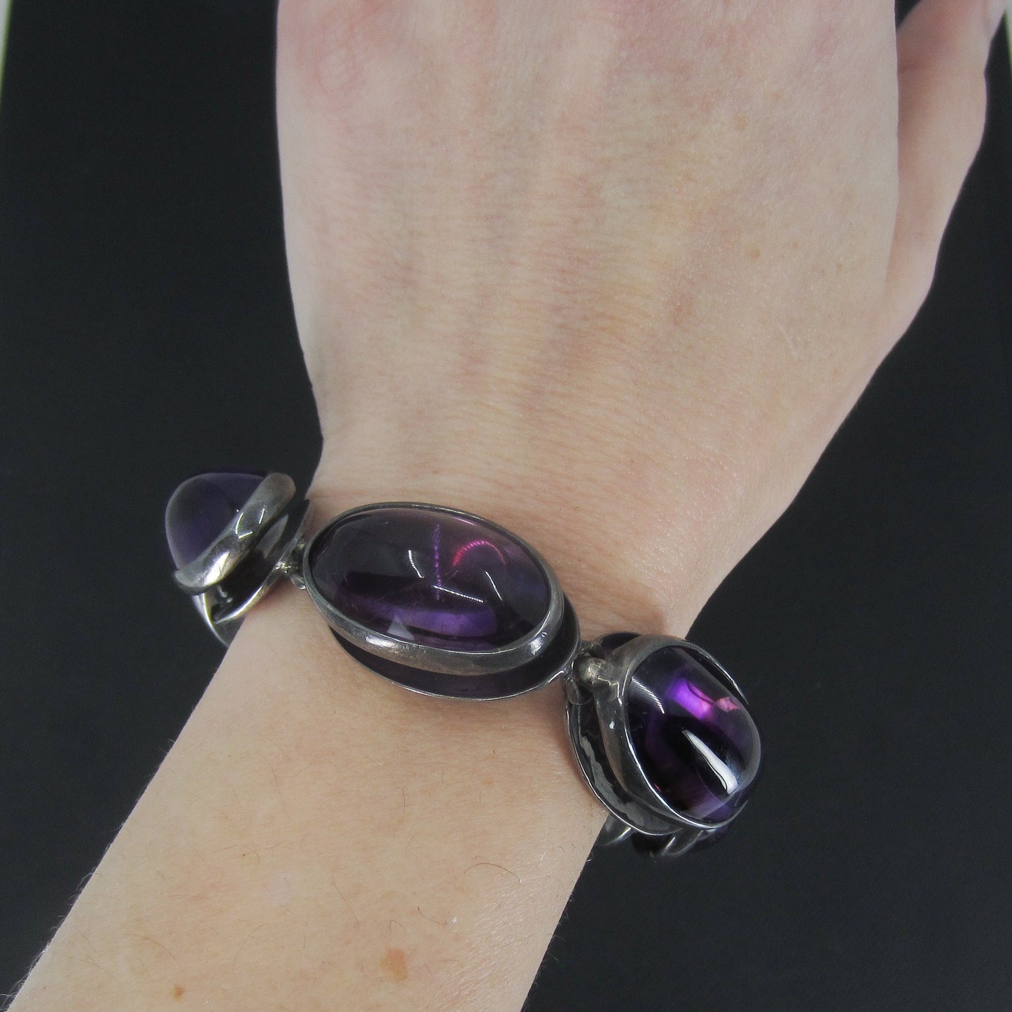 SOLD--Antonio Pineda Mid-Century Amethyst Cabochon Bracelet Sterling Silver c. 1960