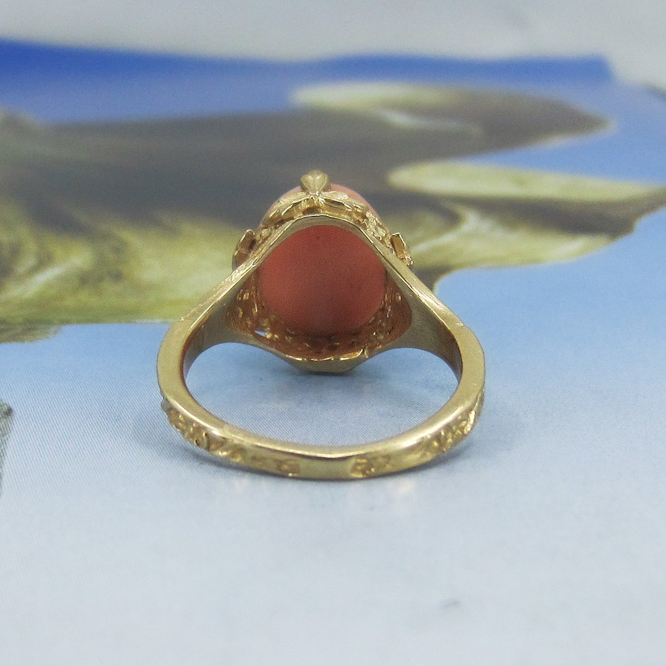 SOLD-Art Deco Coral Filigree Ring 14k c. 1930