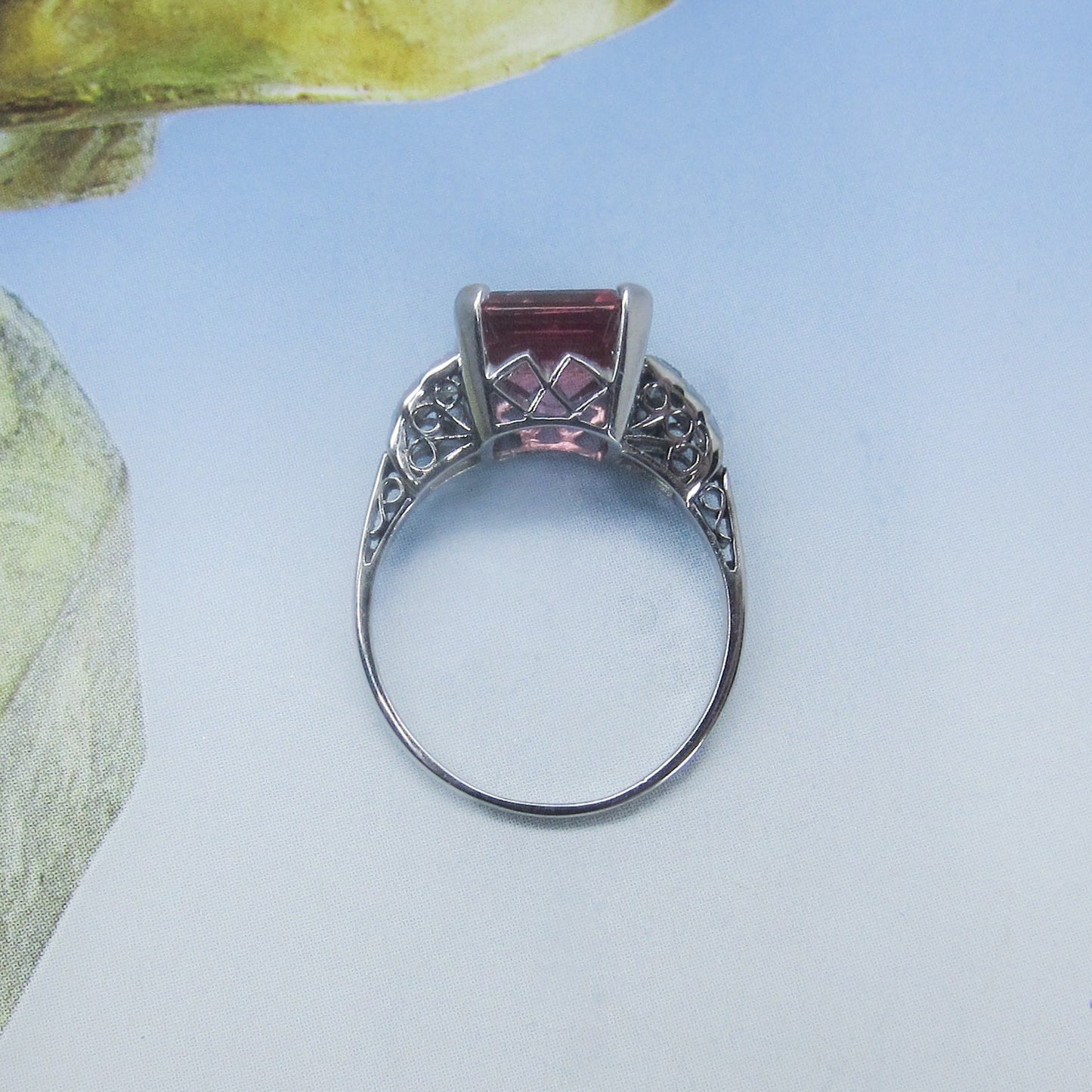 Vintage Pink Tourmaline and Baguette Diamond Ring Platinum c. 1980