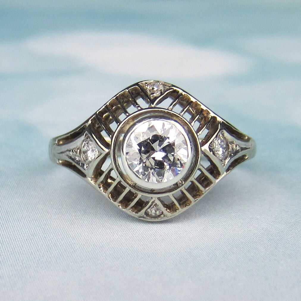 SOLD--Art Deco Diamond .60ct Filigree Engagement Ring 14k, Poland c. 1930