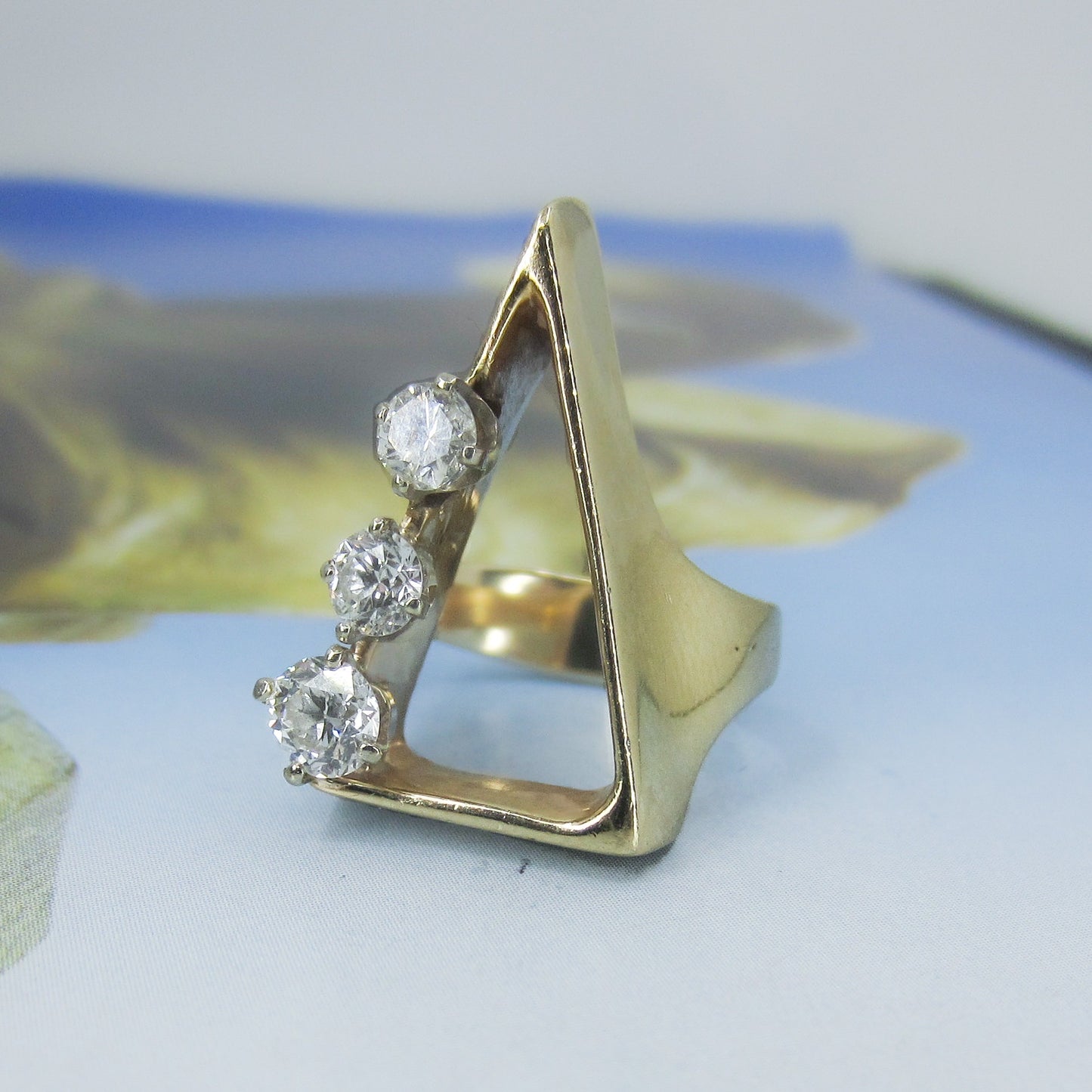 SOLD--MidCentury Modernist Giant Diamond Triangle Ring 14k c. 1970