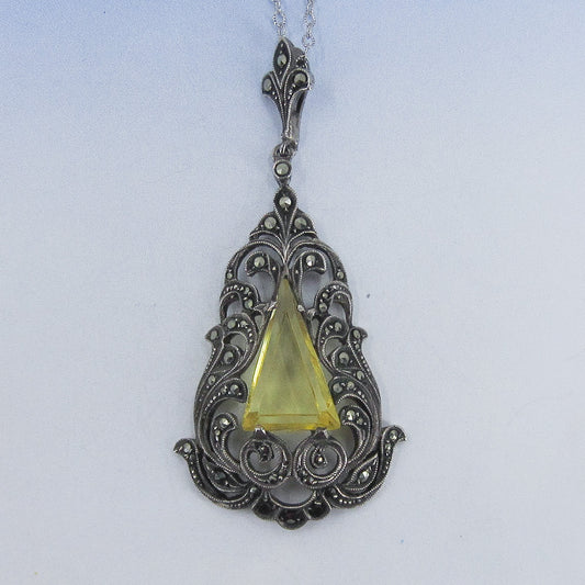 SOLD--Art Deco Marcasite and Yellow Glass Pendant Sterling Silver c. 1930