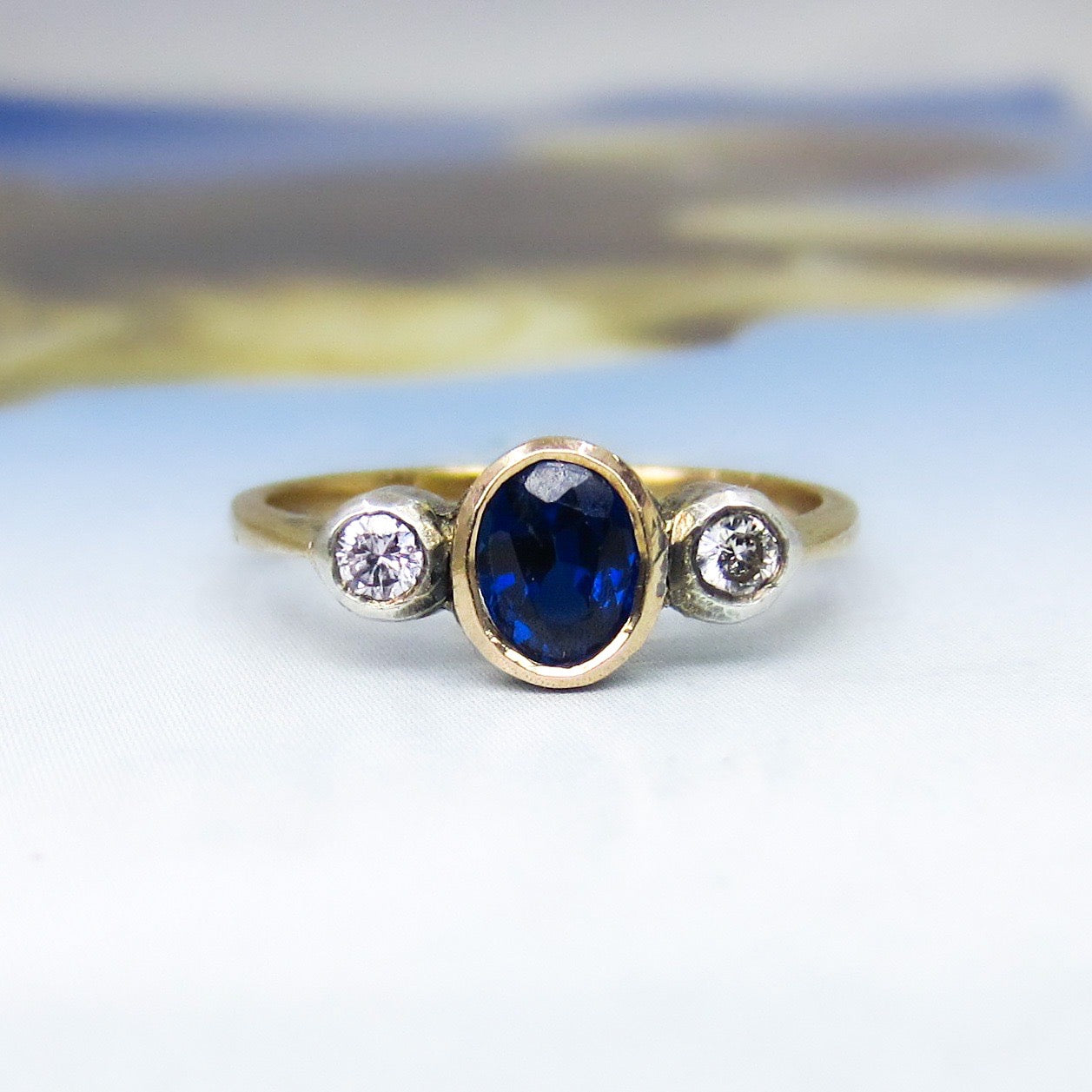 SOLD--Art Deco Bezel Set Sapphire and Diamond Ring 14k c. 1940